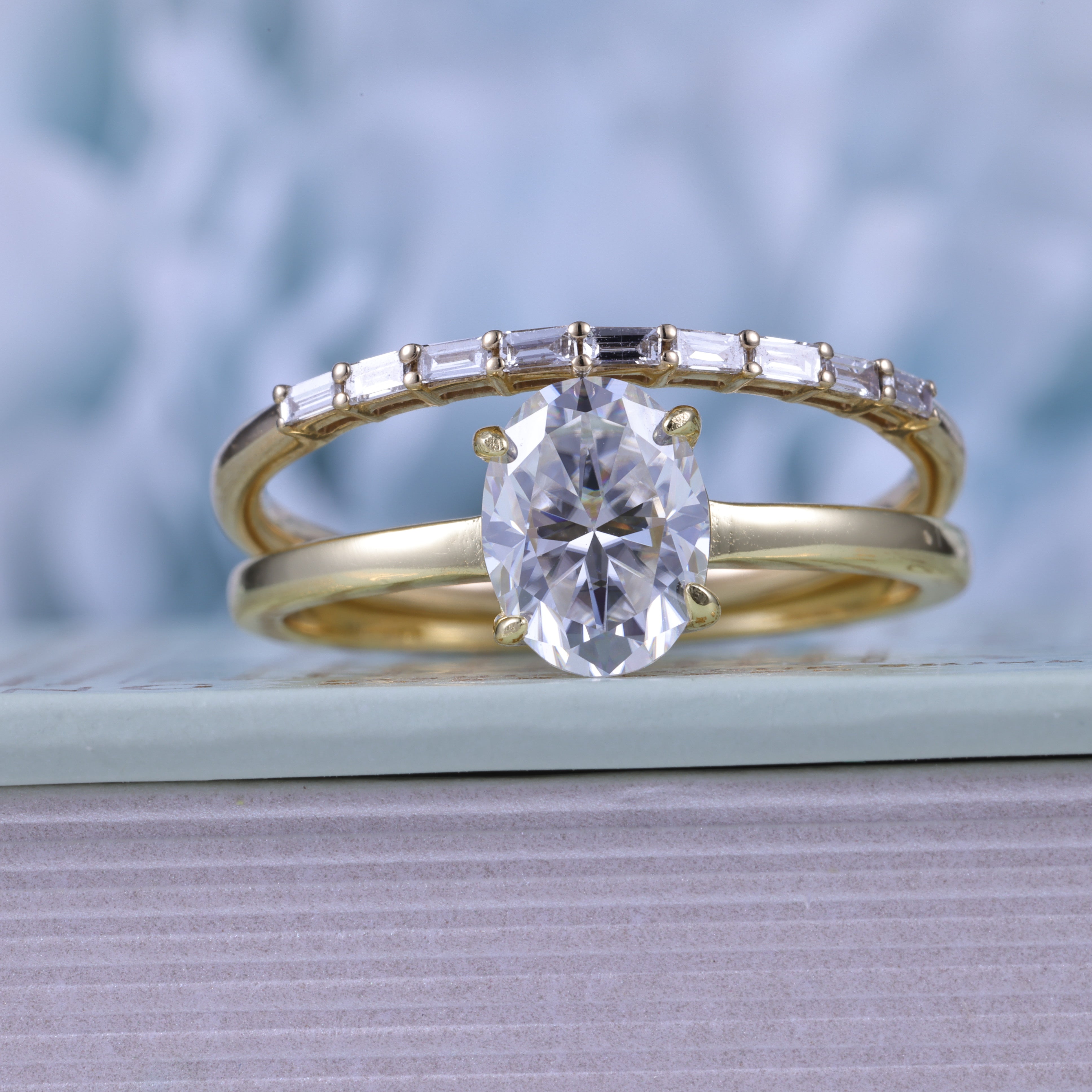 2ct Oval Cut Moissanite Engagement Ring Bridal Set With Straight Band