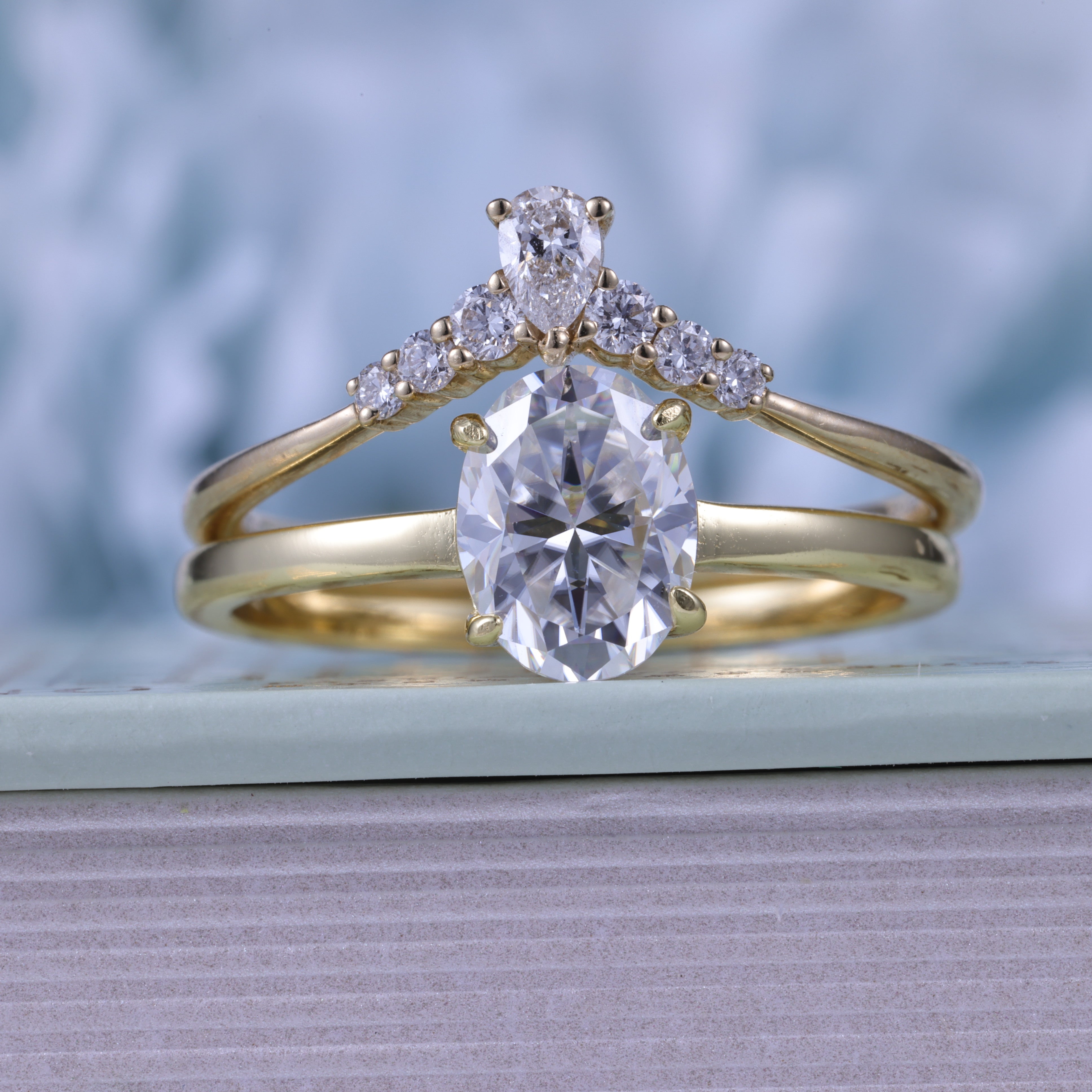 Yellow Gold Oval Cut Moissanite Engagement Ring Set