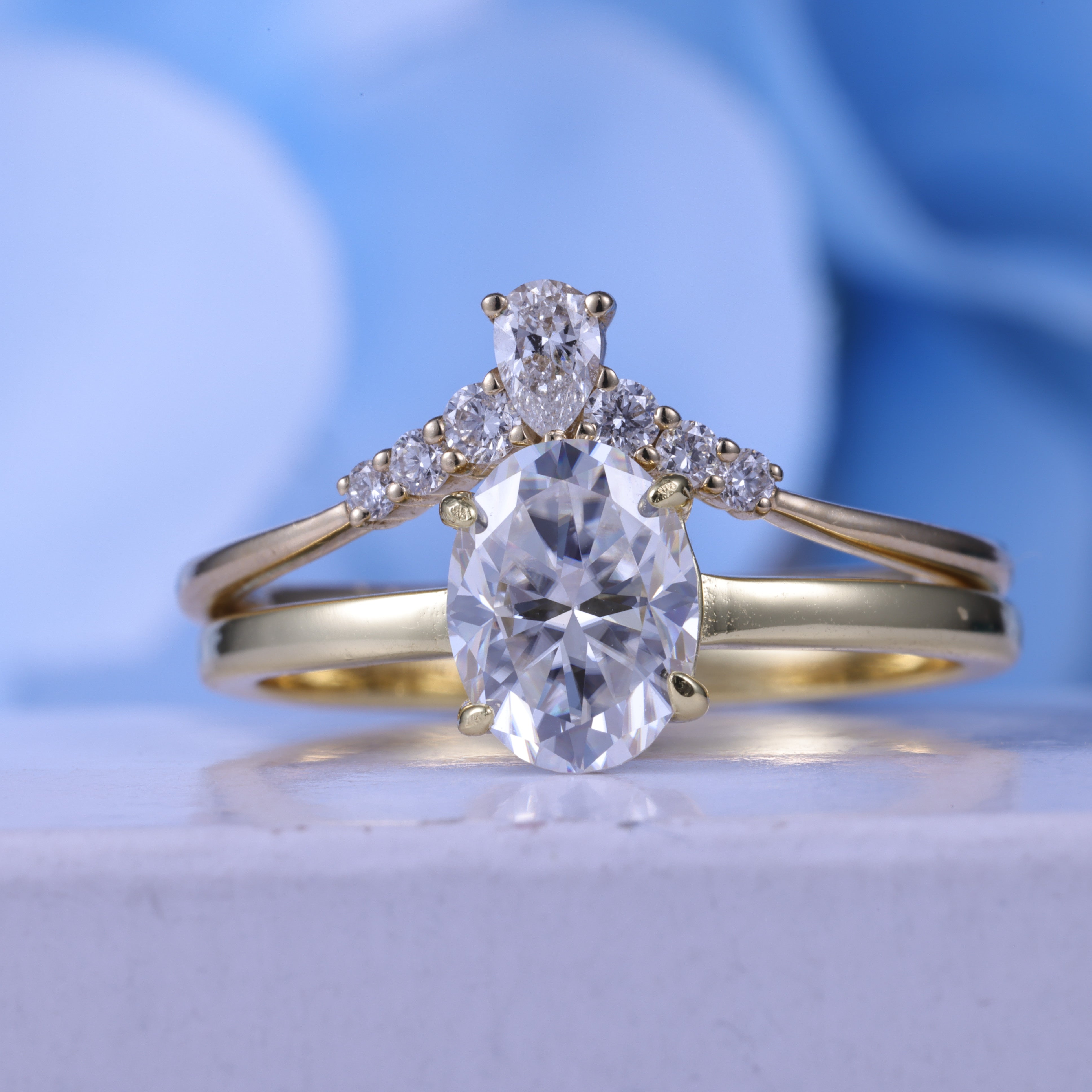 Yellow Gold Oval Cut Moissanite Engagement Ring Set
