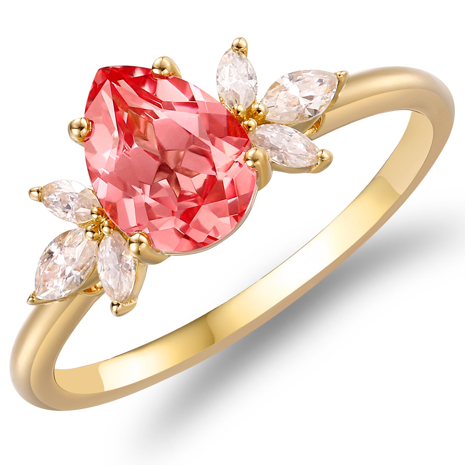 Pear Cut Padparadscha Engagement Ring with Marquise Cluster Accents