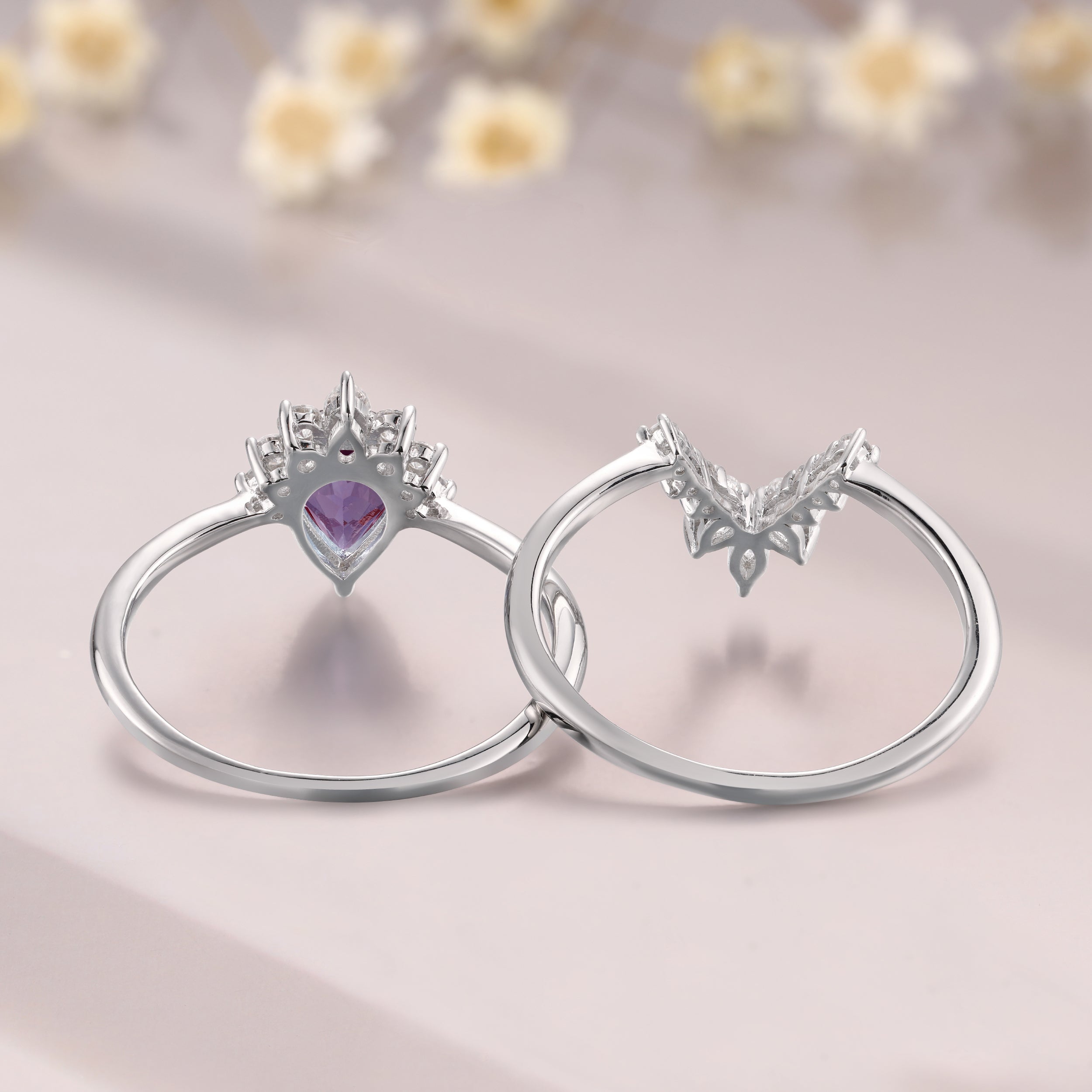 Pear Shaped Alexandrite Unique Engagement White Gold Bridal Ring