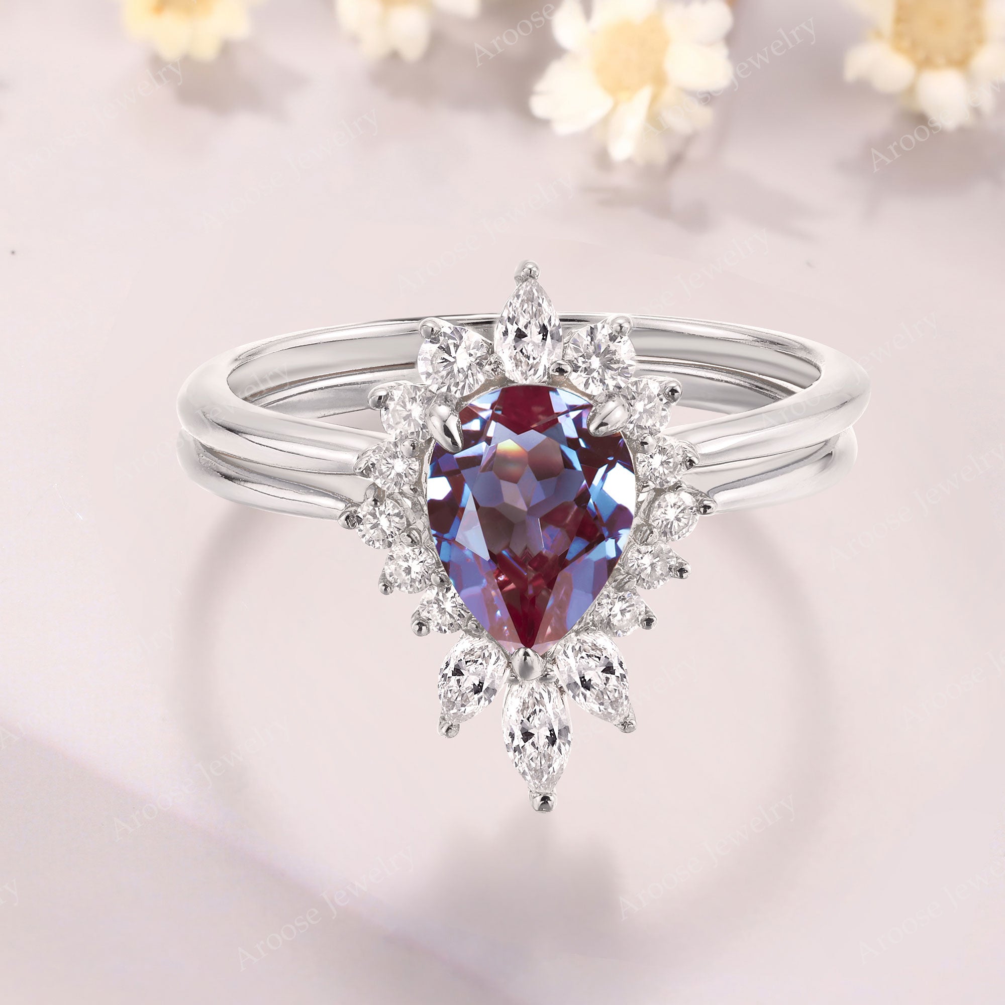 Pear Shaped Alexandrite Unique Engagement White Gold Bridal Ring
