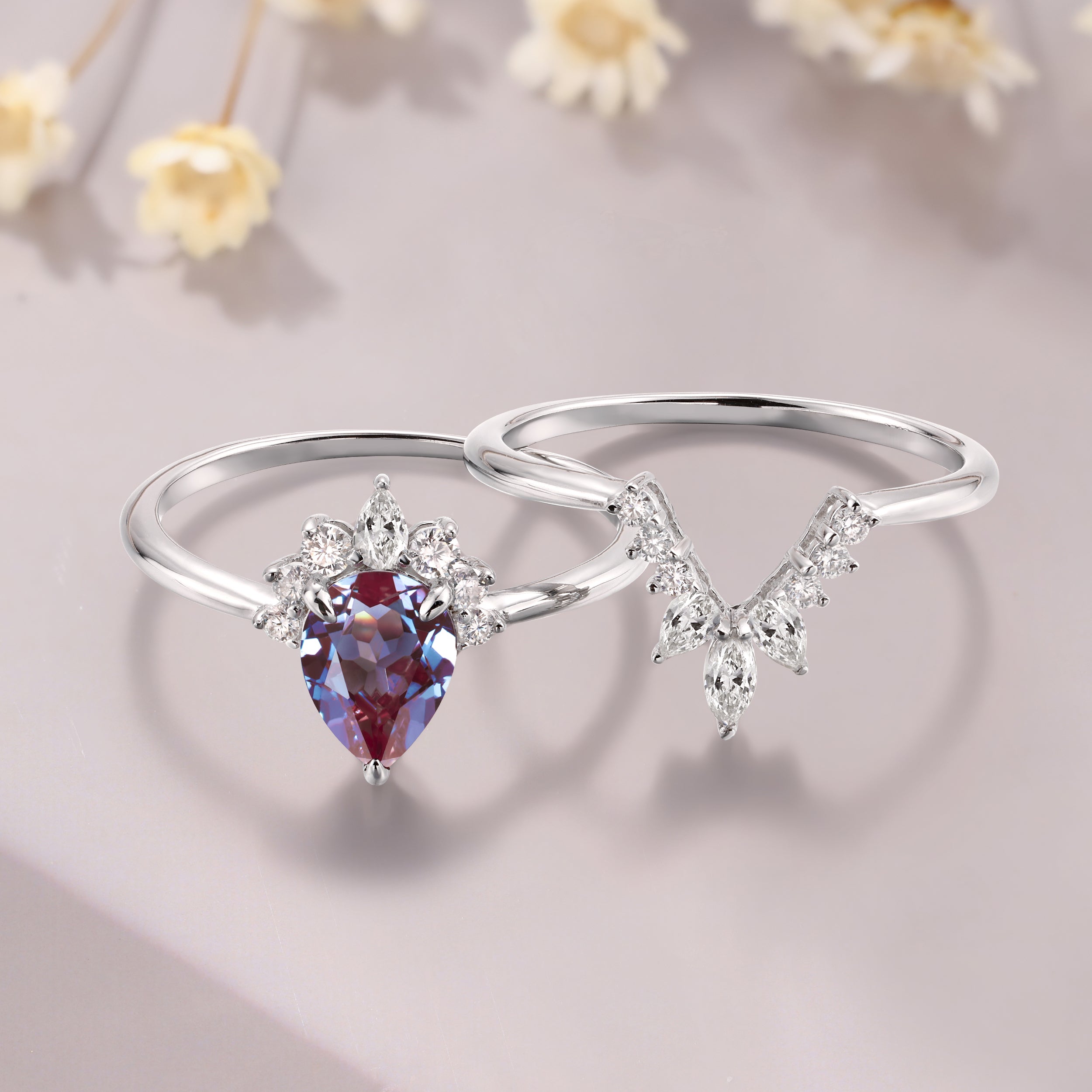 Pear Shaped Alexandrite Unique Engagement White Gold Bridal Ring