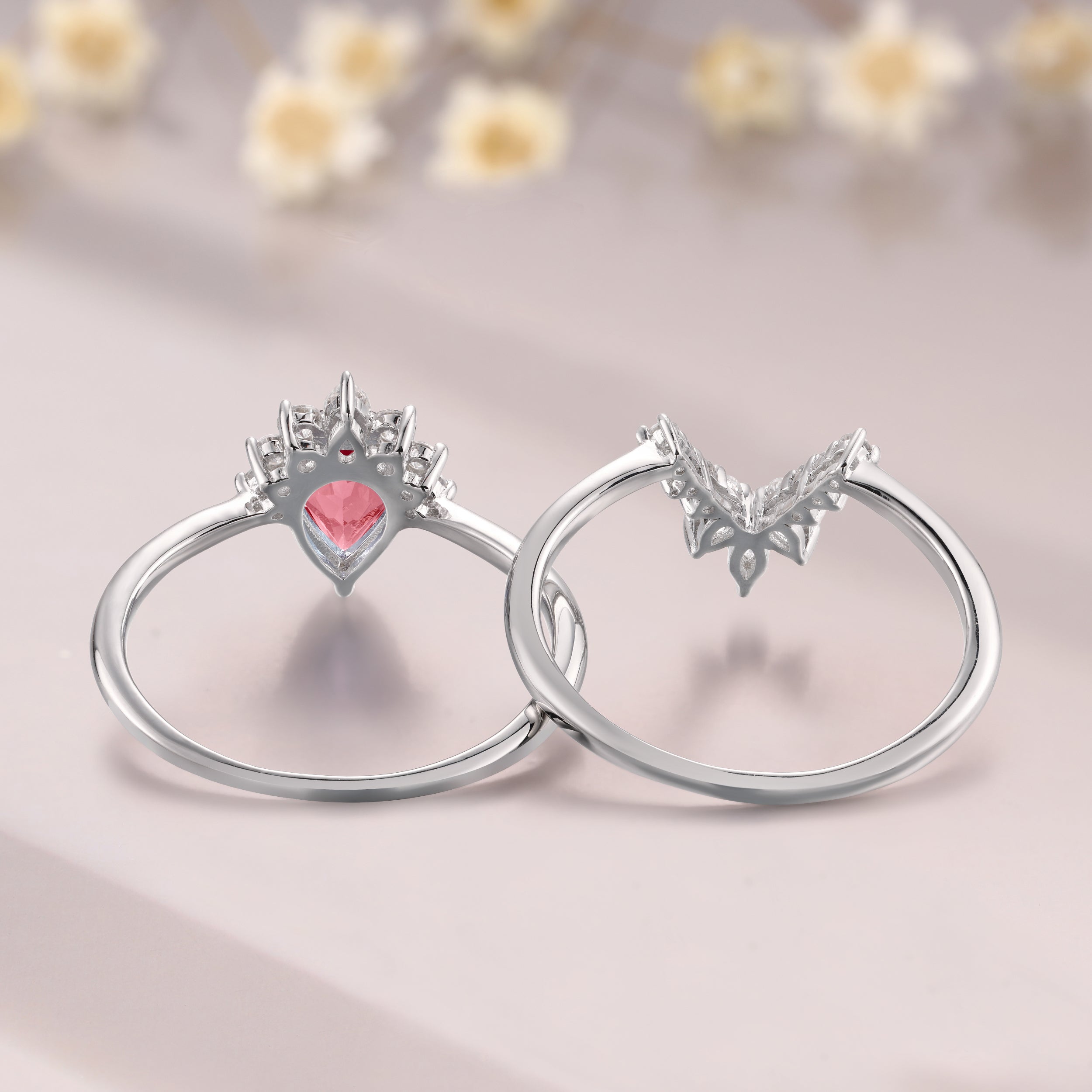 Pear Shaped Padparadscha 14K White Gold Unique Moissanite Bridal Ring