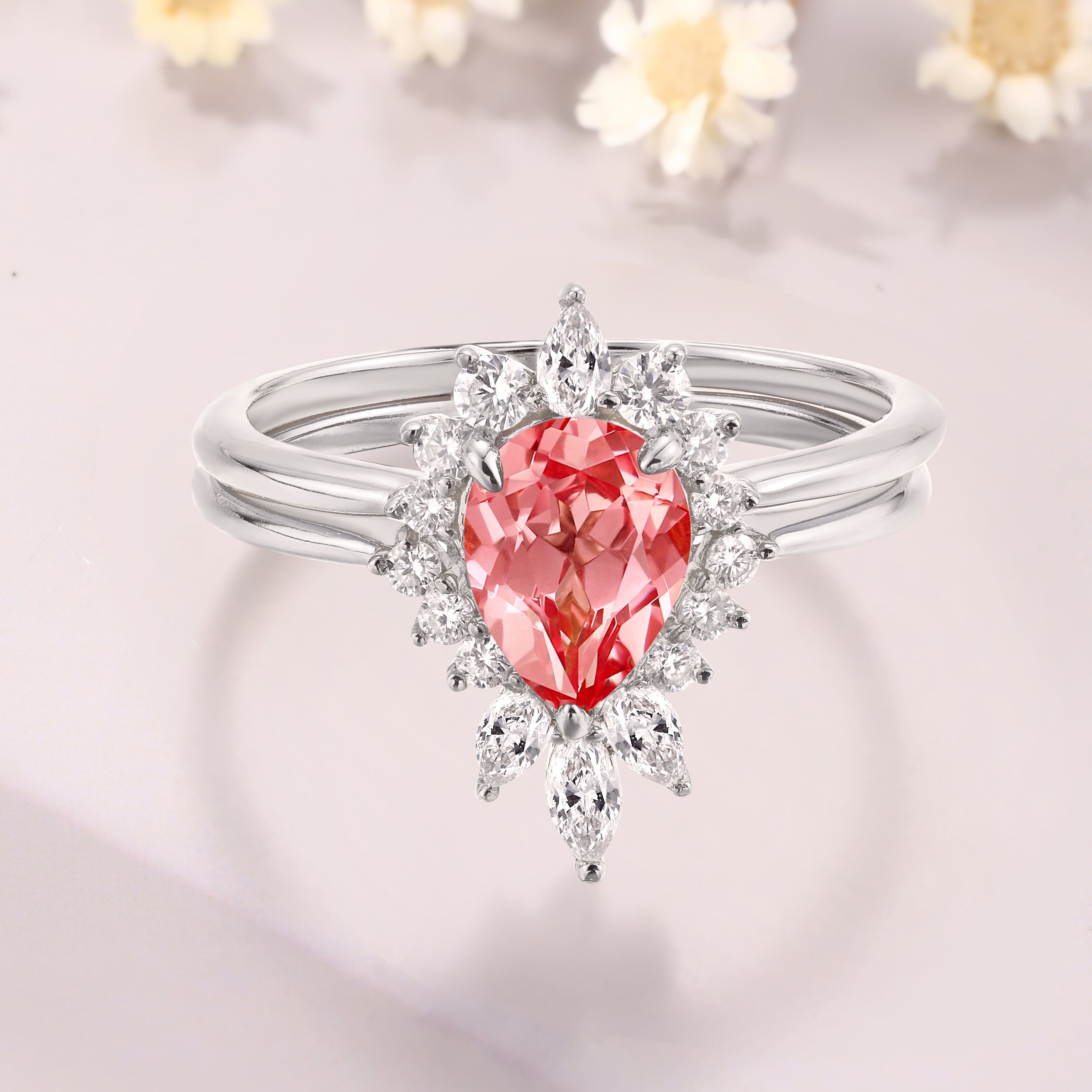 Pear Shaped Padparadscha 14K White Gold Unique Moissanite Bridal Ring