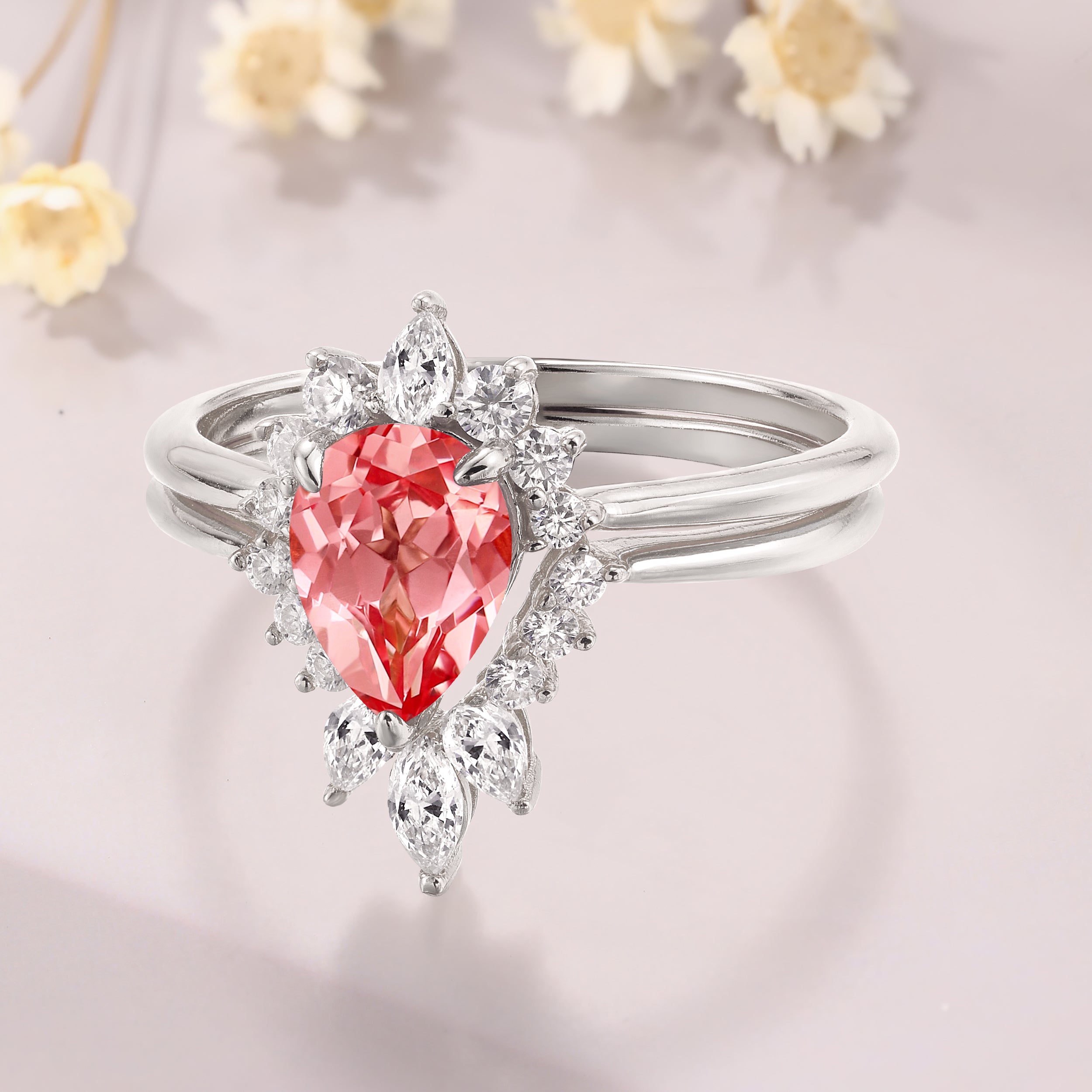 Pear Shaped Padparadscha 14K White Gold Unique Moissanite Bridal Ring