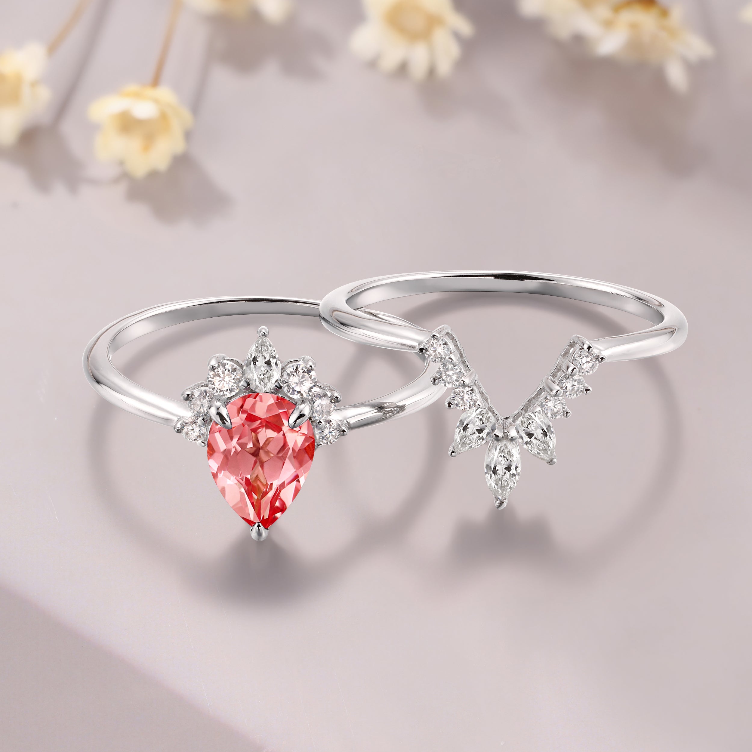 Pear Shaped Padparadscha 14K White Gold Unique Moissanite Bridal Ring