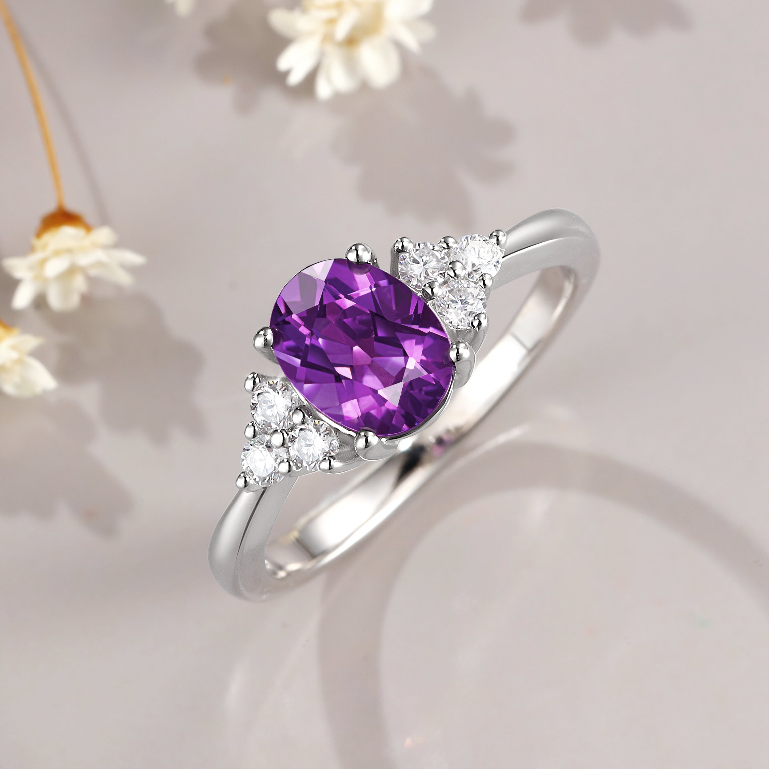 Vintage Oval Cut Amethyst Engagement 14K White Gold Moissanite June Birthstone Ring