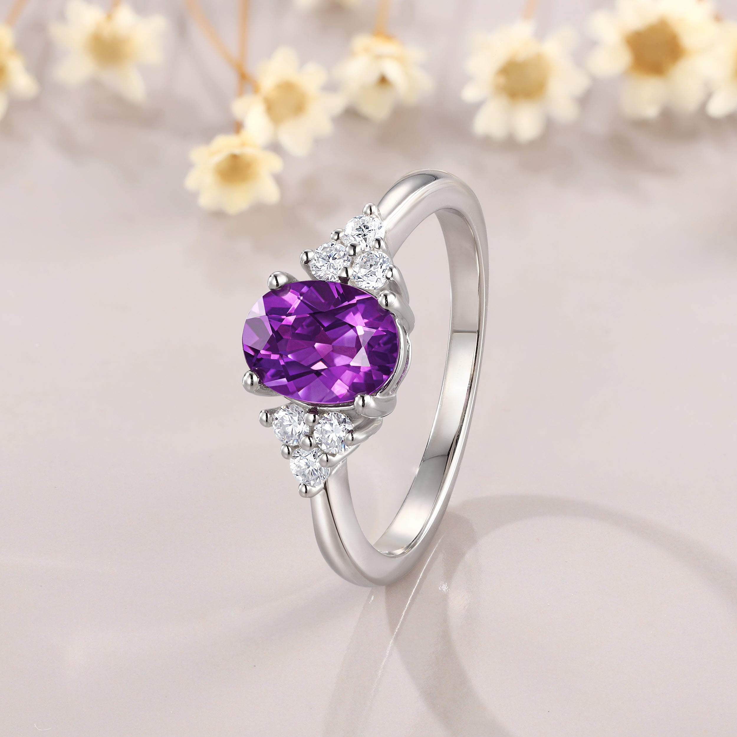 Vintage Oval Cut Amethyst Engagement 14K White Gold Moissanite June Birthstone Ring