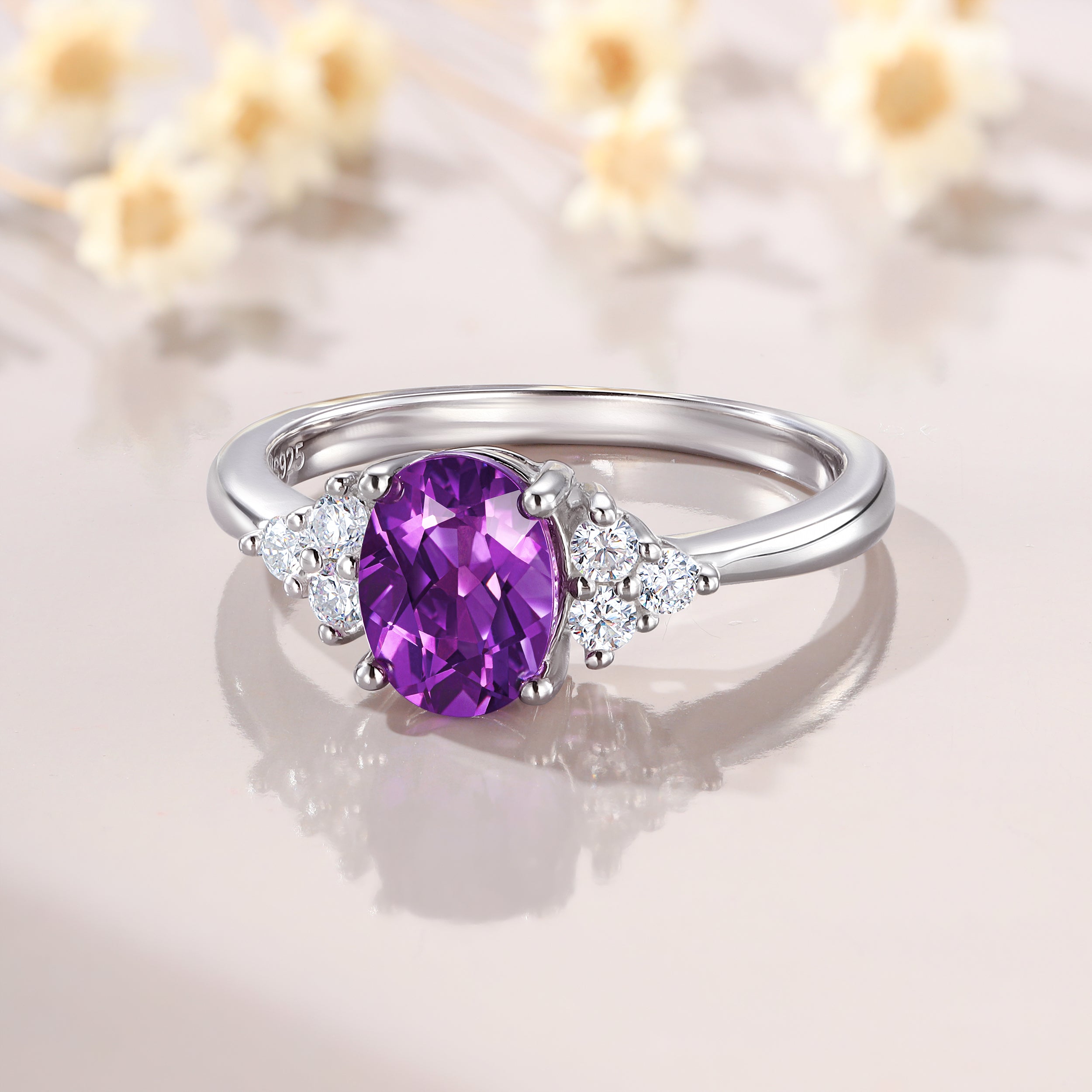 Vintage Oval Cut Amethyst Engagement 14K White Gold Moissanite June Birthstone Ring
