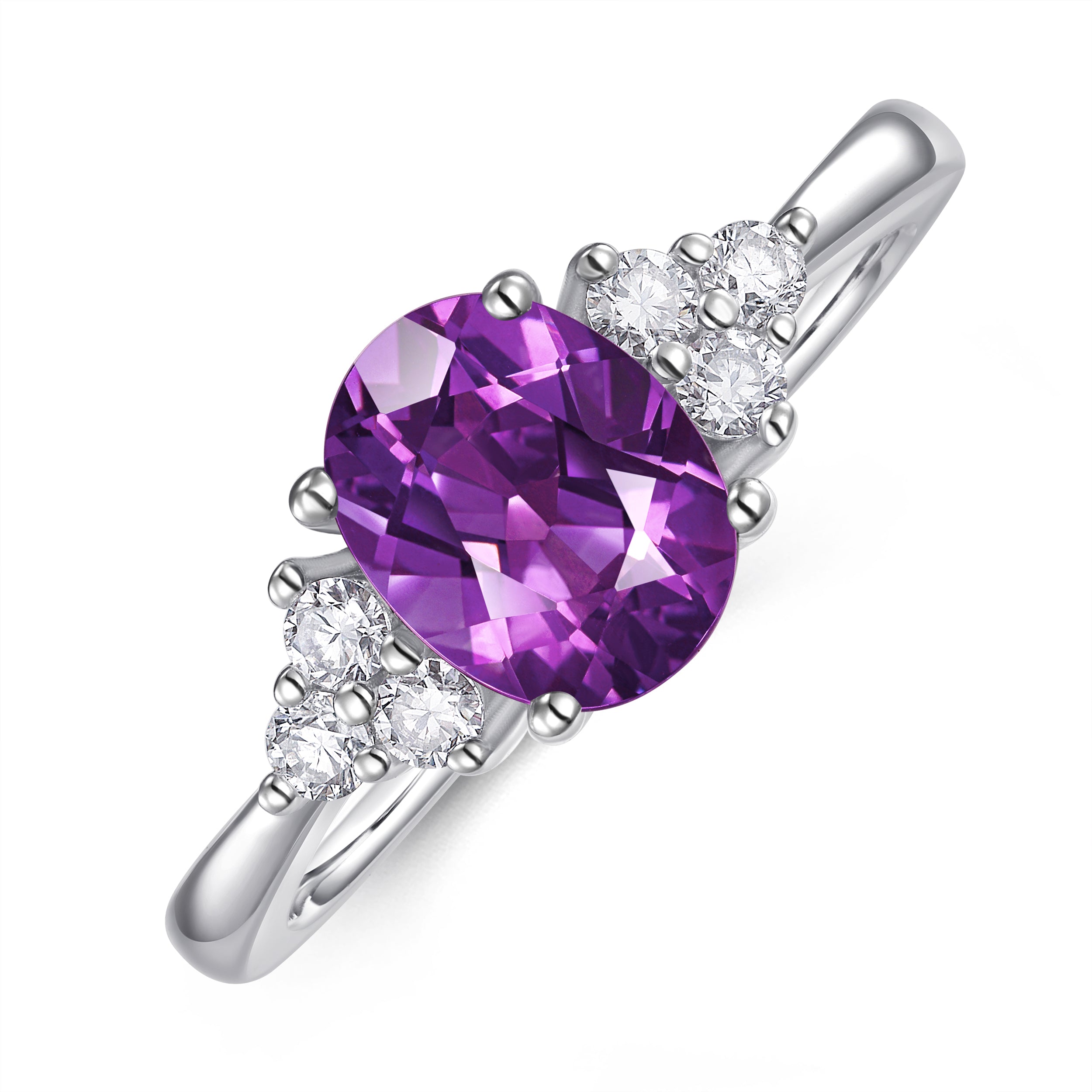 Vintage Oval Cut Amethyst Engagement 14K White Gold Moissanite June Birthstone Ring