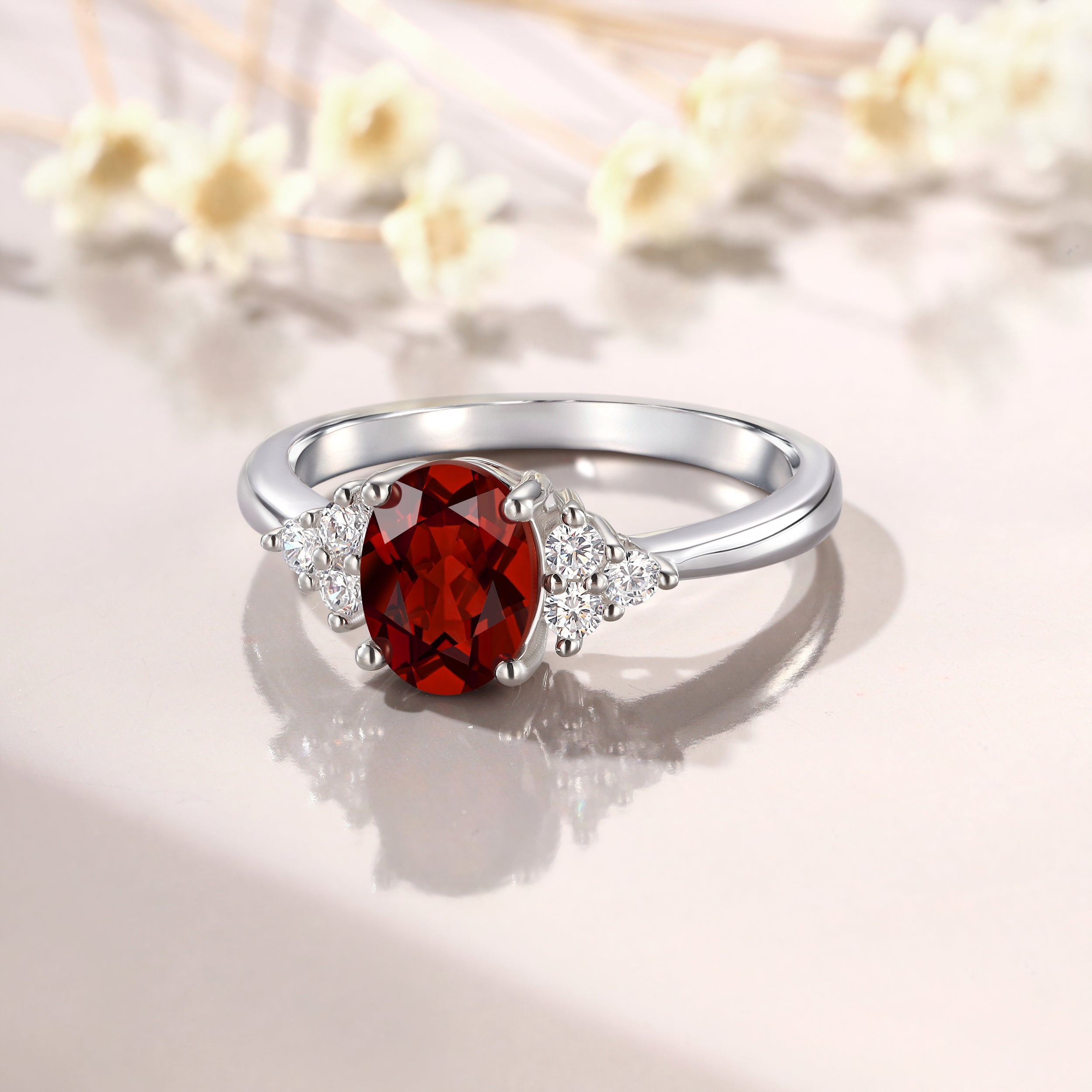 Vintage Oval Cut Ruby Moissanite Engagement 14K White Gold Promise Ring