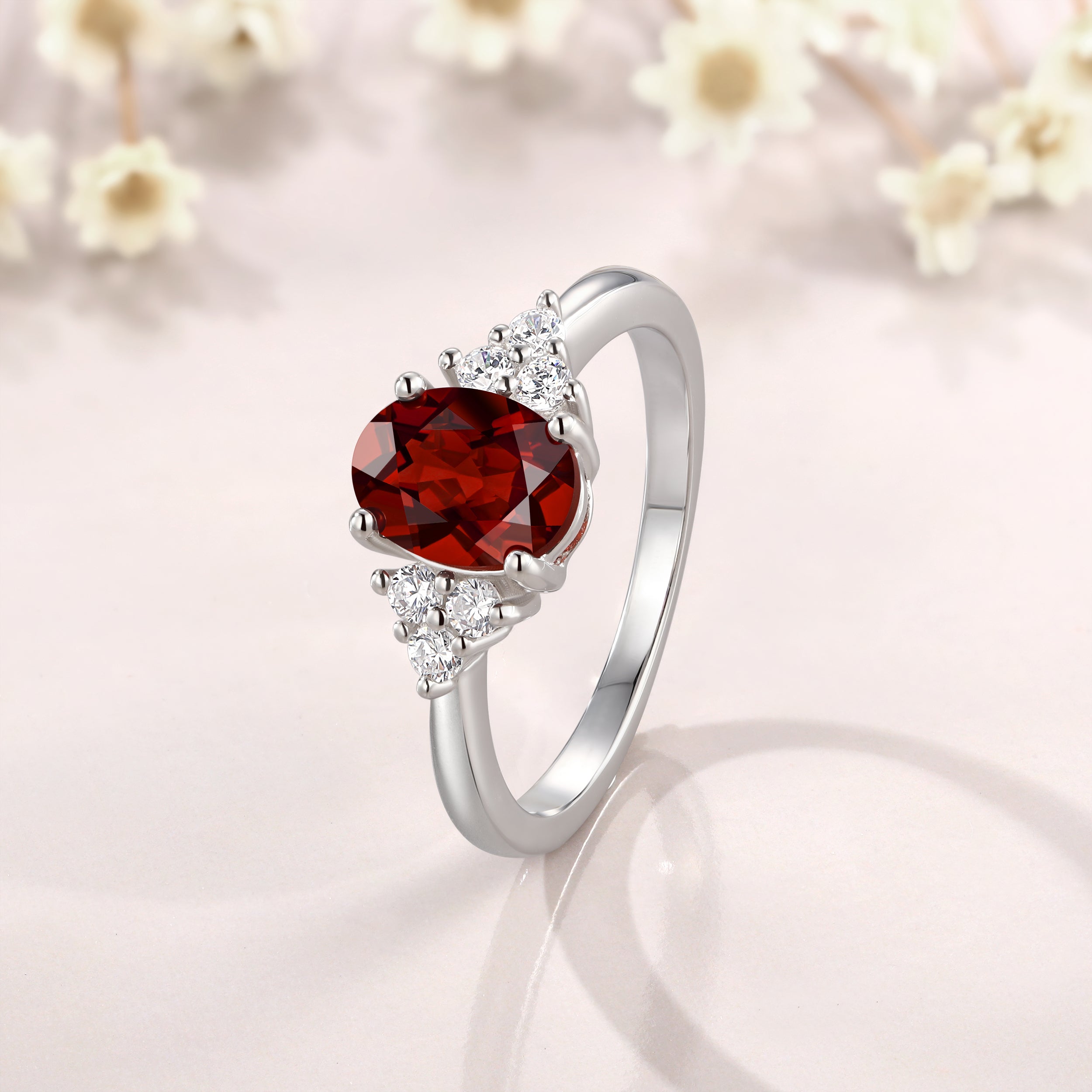 Vintage Oval Cut Ruby Moissanite Engagement 14K White Gold Promise Ring