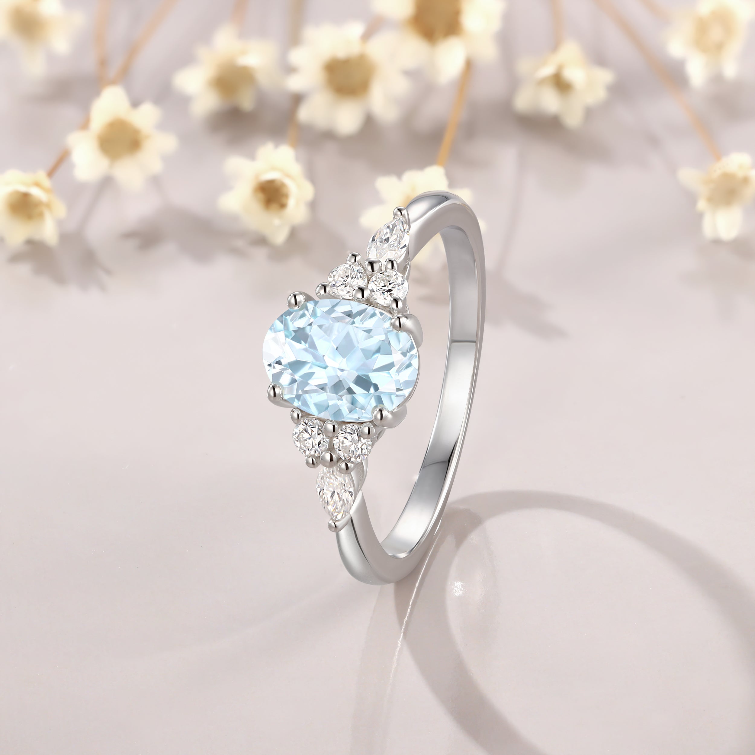 1.5CT Oval Cut Aquamarine with Moissanite Lab Grown Diamond Engagement Ring