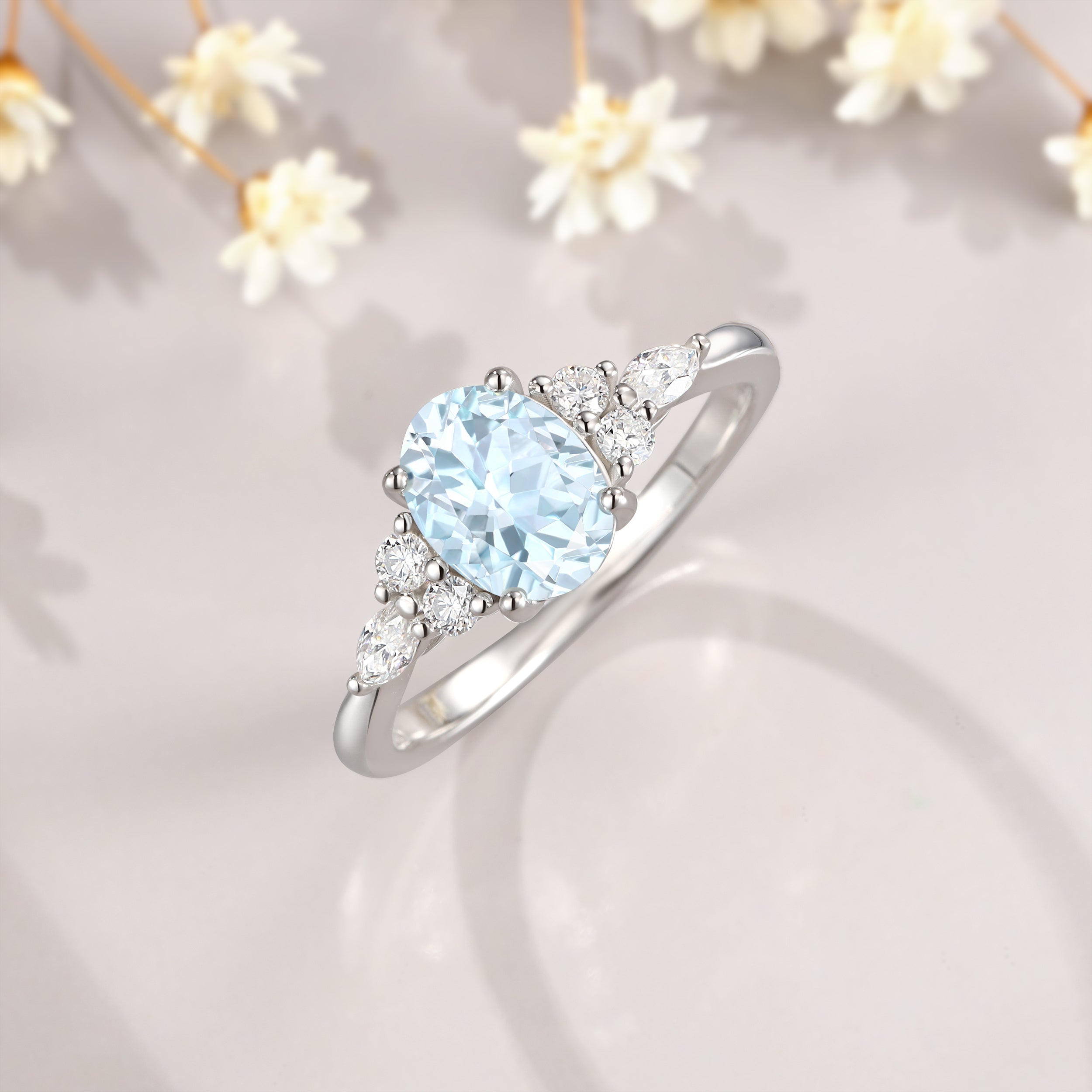 1.5CT Oval Cut Aquamarine with Moissanite Lab Grown Diamond Engagement Ring