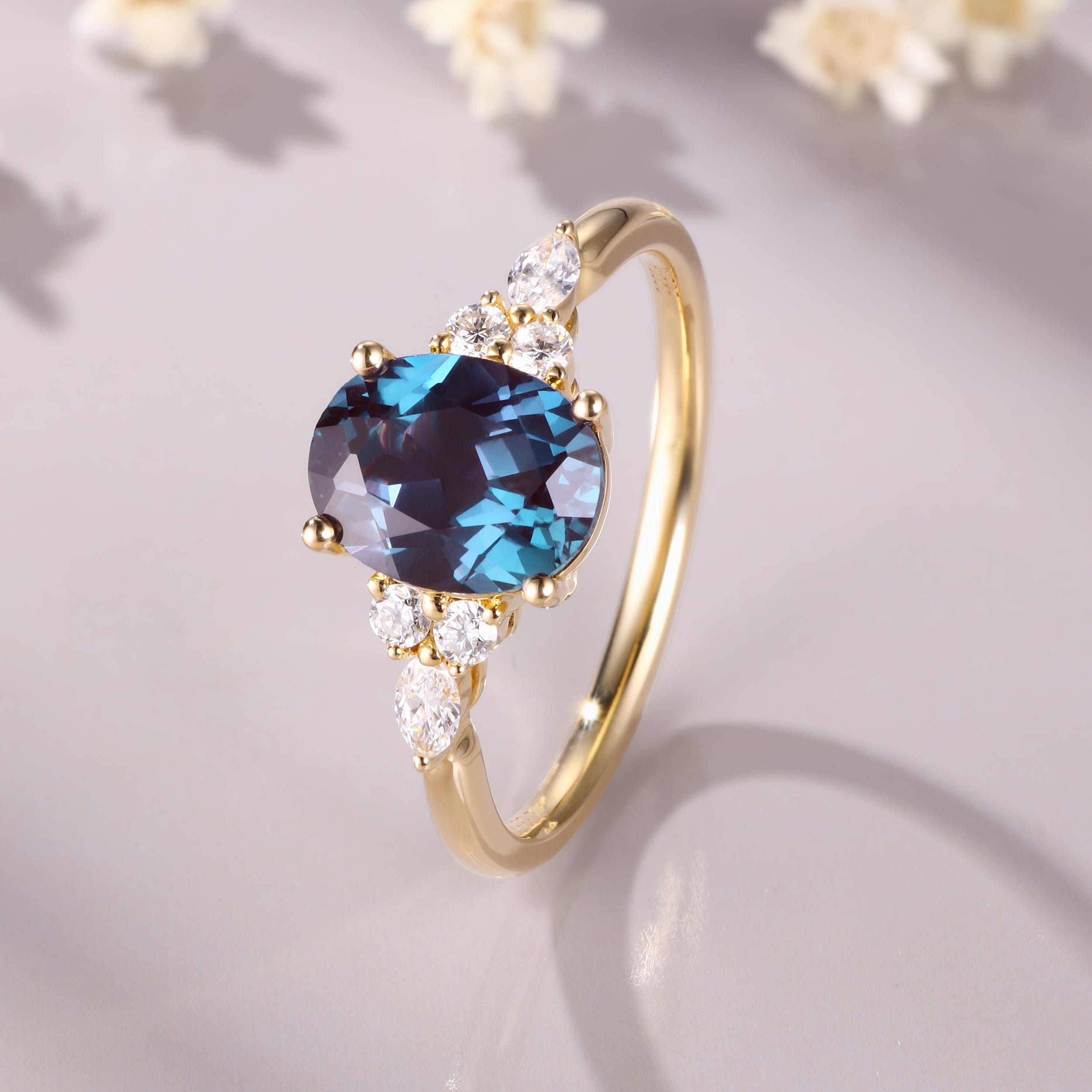 Oval Cut Alexandrite Moissanite 14K White Gold Color Changing Gemtone June Birthstone Ring