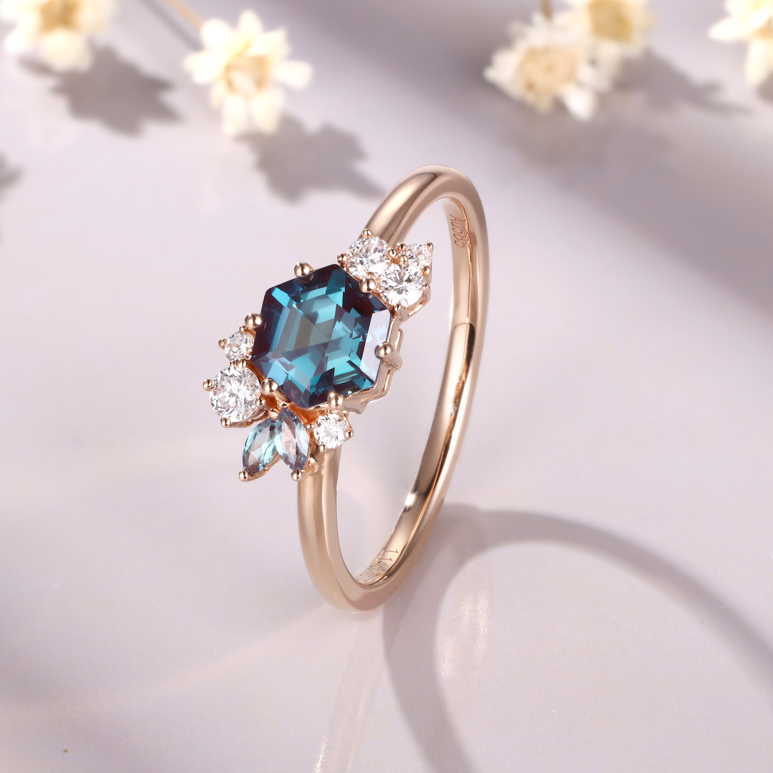 Unique Hexagon Cut Alexandrite Moissanite Engagement Bridal Ring gift for her