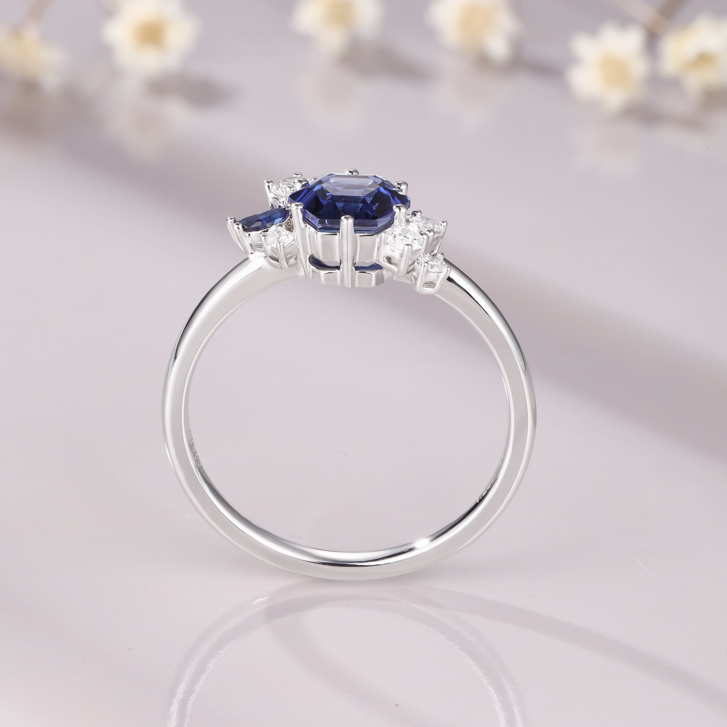 Hexagon Cut Blue Sapphire White Gold Engagement September Birthstone Wedding Ring