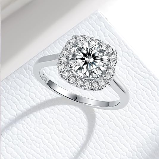1CT/2CT Halo Moissanite Engagement Ring for Women, Cushion Shaped 925 Sterling Silver Plated White Gold, Promise Wedding Rings for April Birthstone Valentines Day Anniversary Christmas