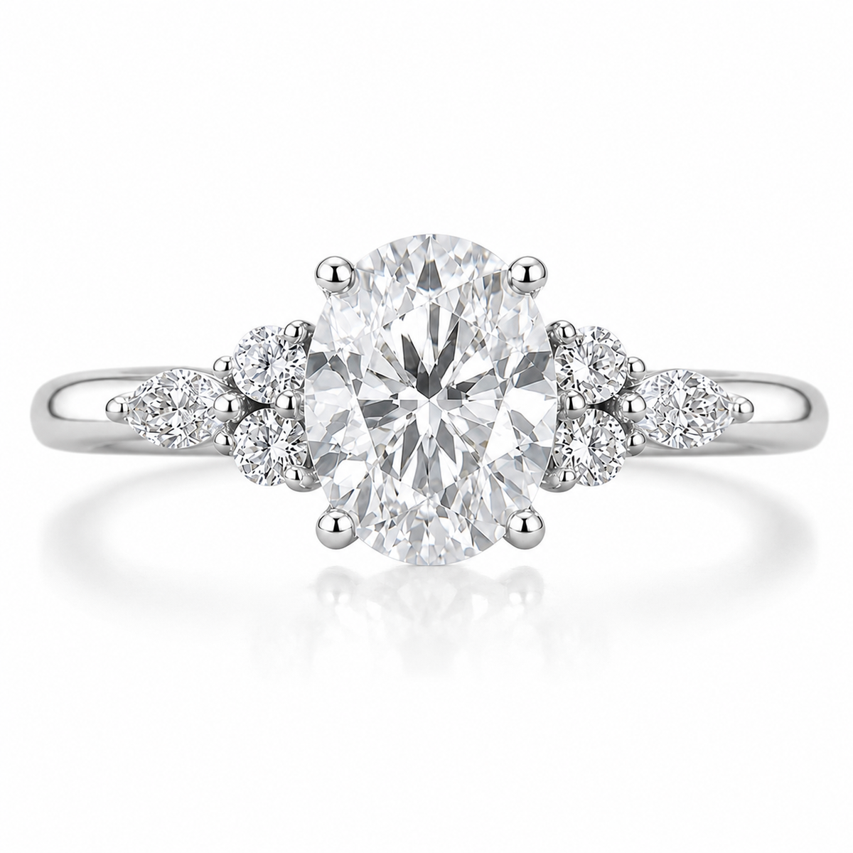 1.5CT Oval Cut Moissanite Classic Side Stone Engagement Ring in White Gold