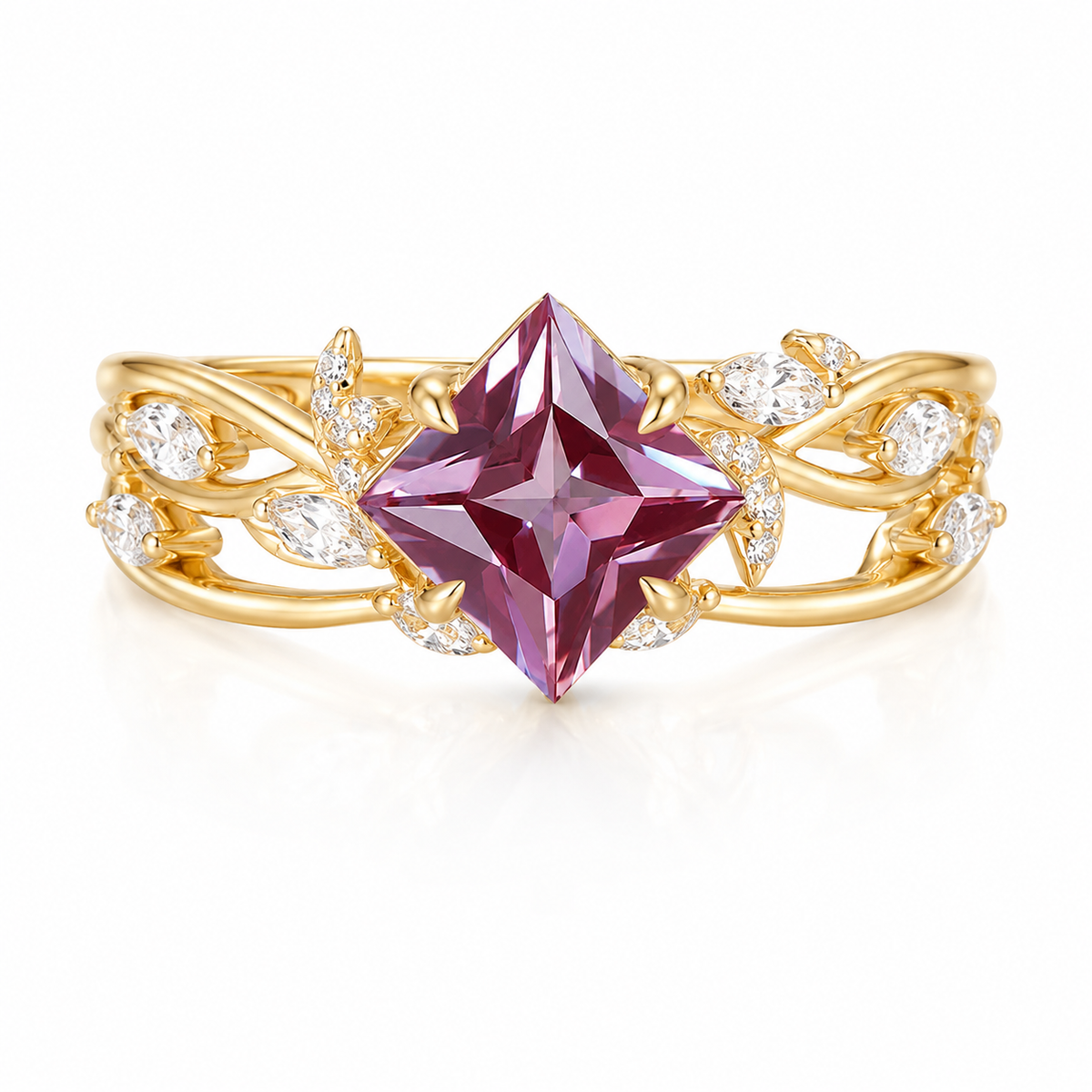 Nature inspired Princess Cut Alexandrite Moissanite Engagement Leaf Branch Design Bridal Ring