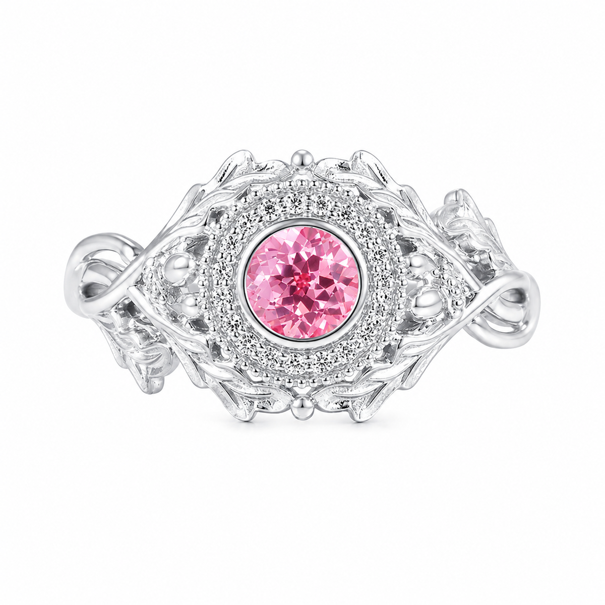 Nature Inspired Round Cut Moissanite Lab Pink Sapphire Engagement Ring
