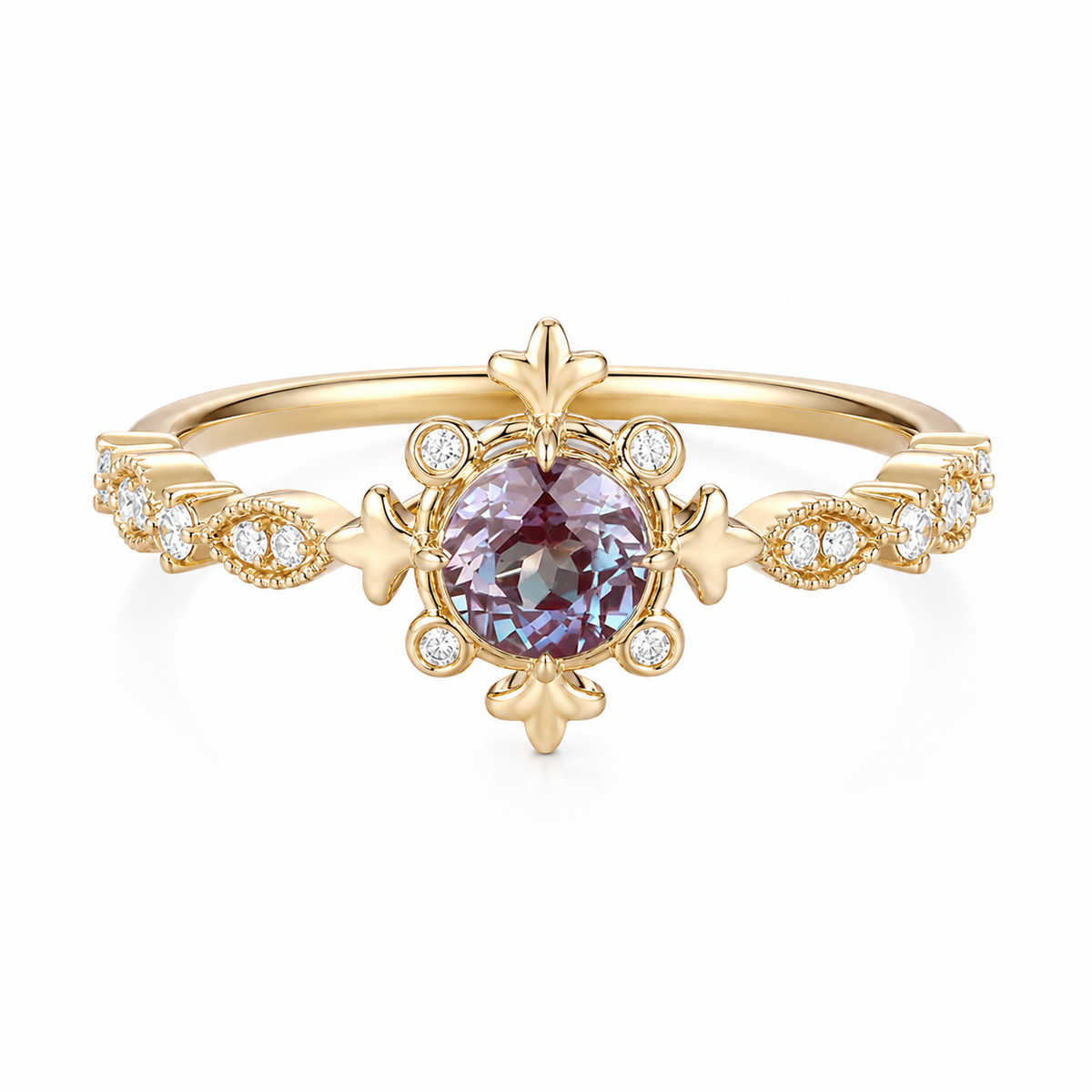 Vintage Round Cut Alexandrite Unique Promise 14K Yellow Gold June Birthstone Ring