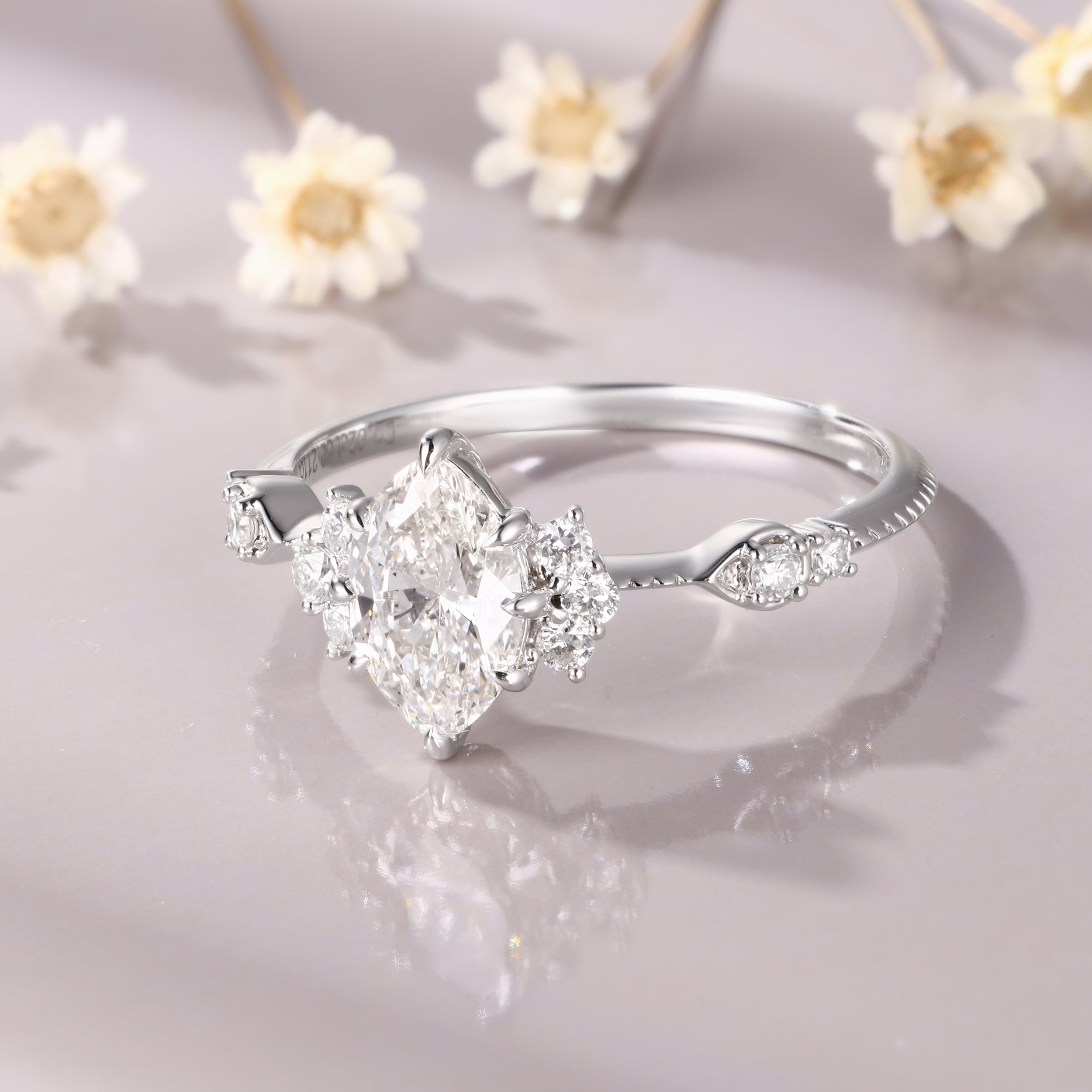 1ct Marquise cut Moissanite engagement ring vintage 14K white gold moissanite ring anniversary gift for women