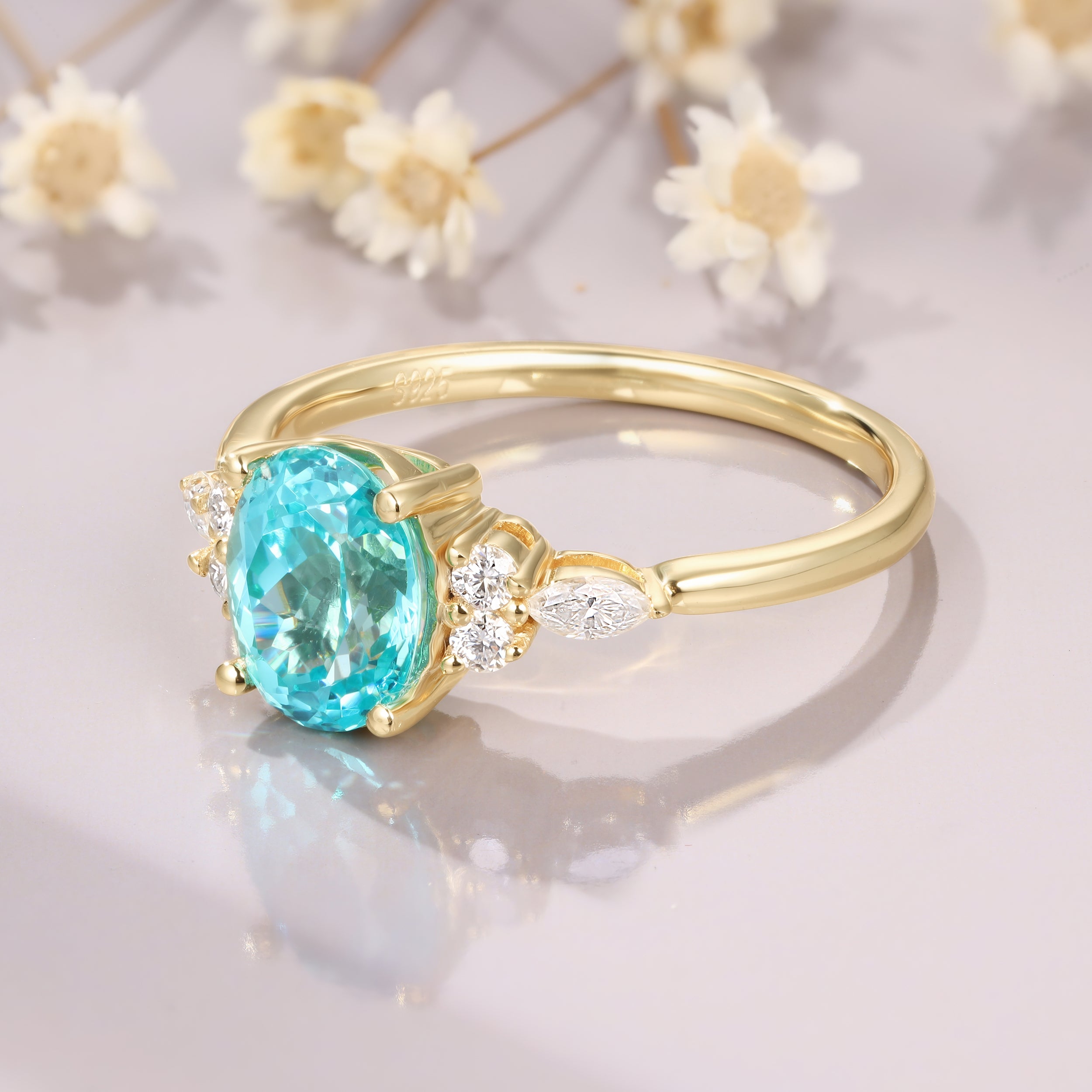 Unique Oval Cut Paraiba Moissanite Engagement Yellow Gold Wedding Anniversary Promise Ring
