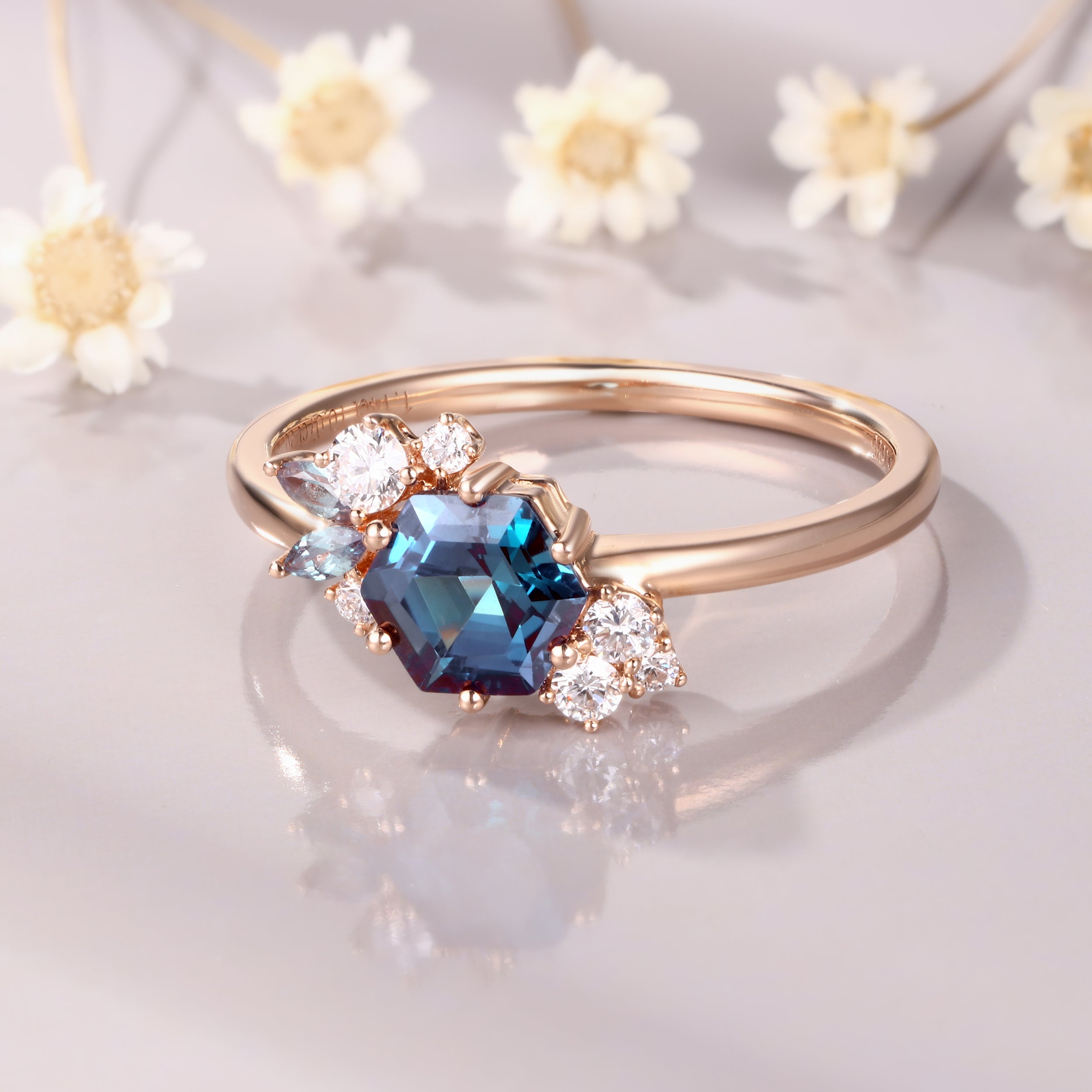 Unique Hexagon Cut Alexandrite Moissanite Engagement Bridal Ring gift for her