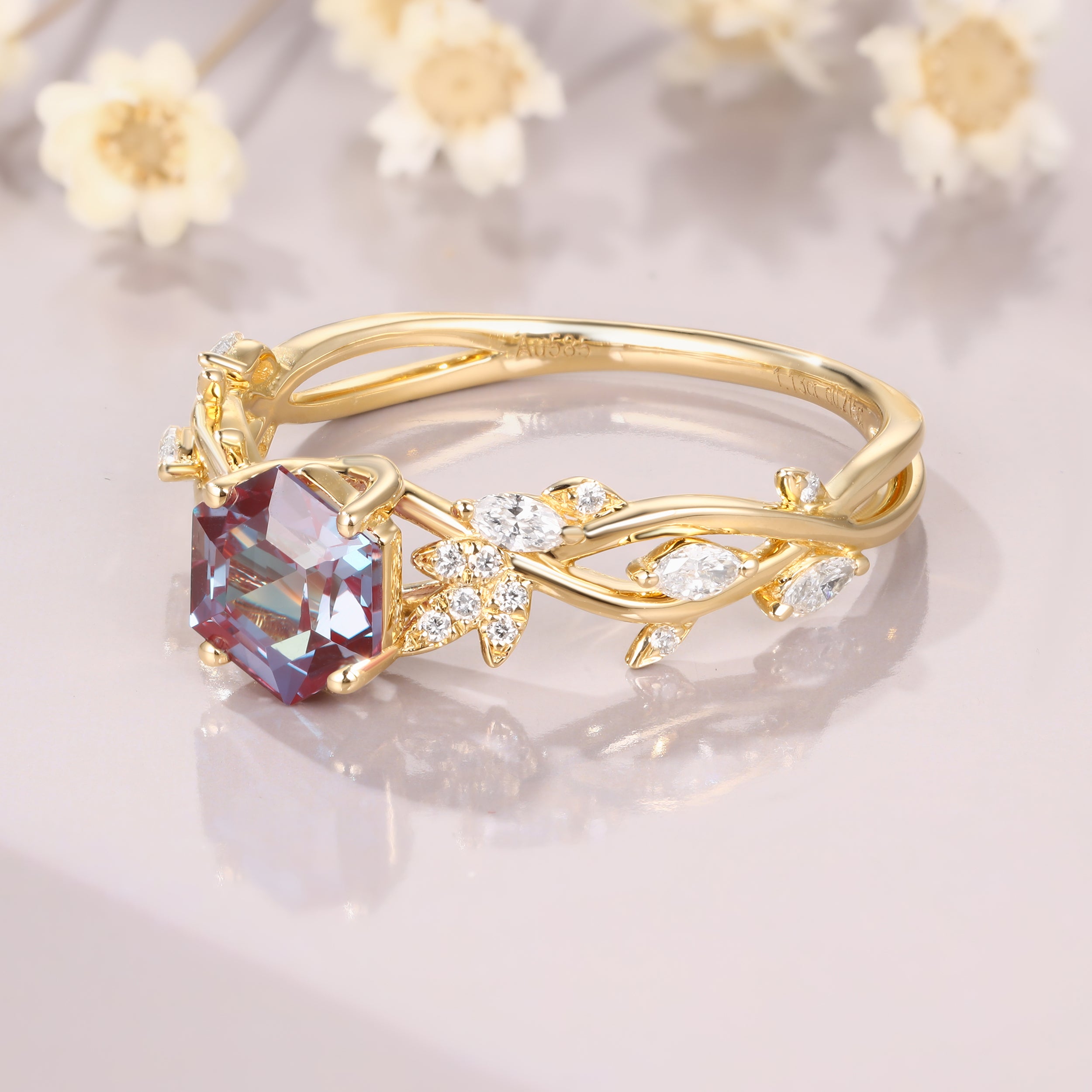 Hexagon Cut Alexandrite Engagement Twig Leaf Branch Design Color Changing Gemstone Ring