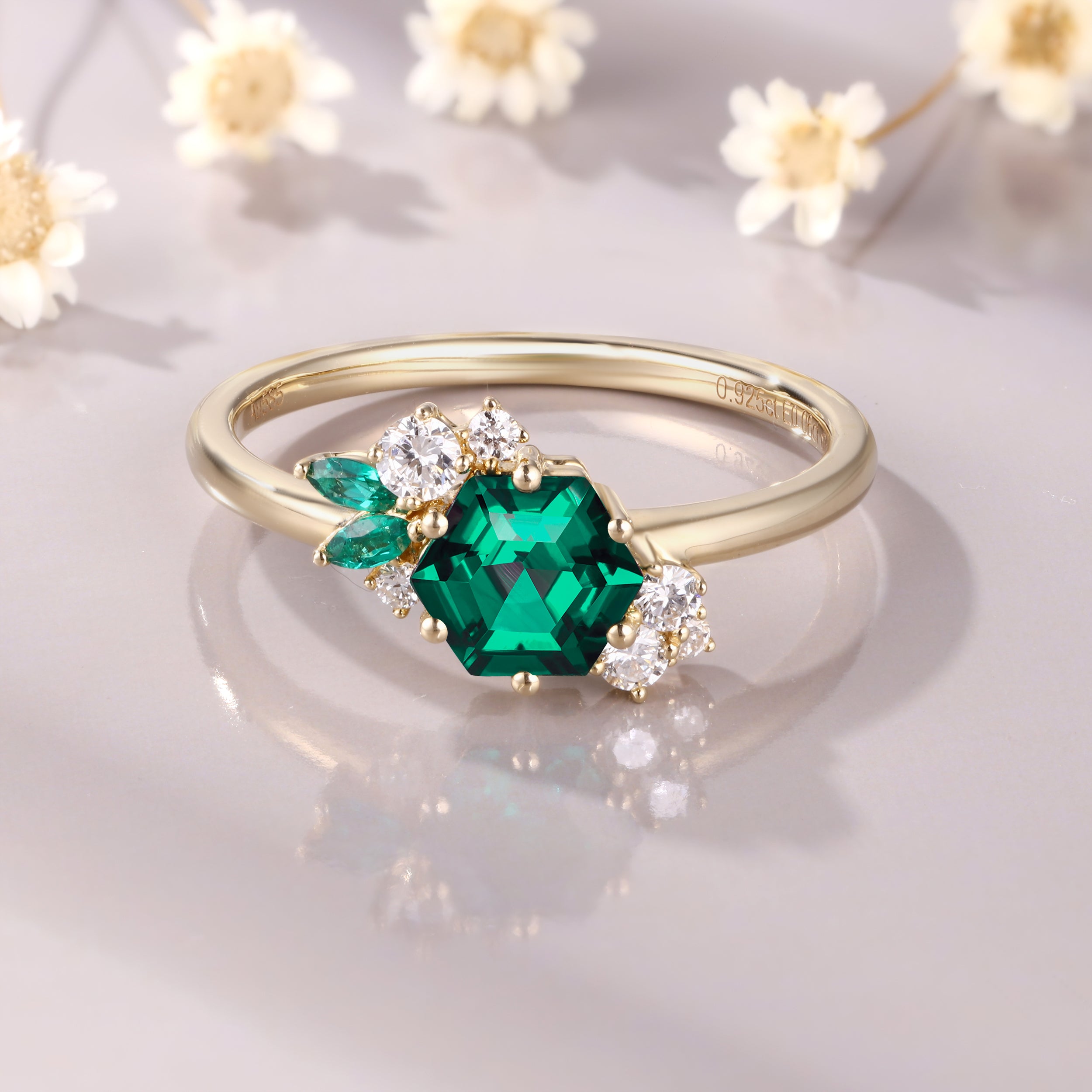 Hexagon Cut Lab Grown Emerald Ring
