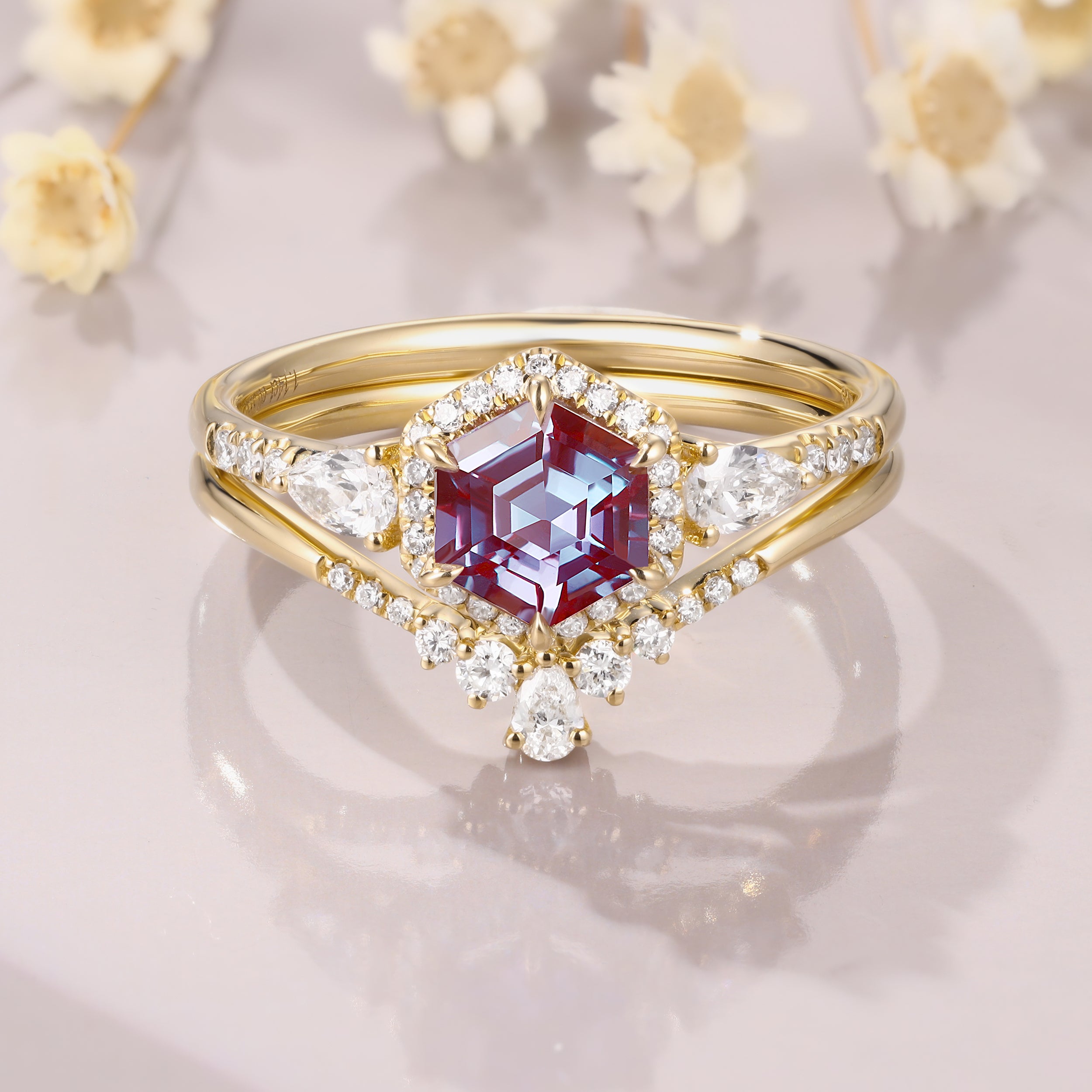 Hexagon Cut Alexandrite Ring