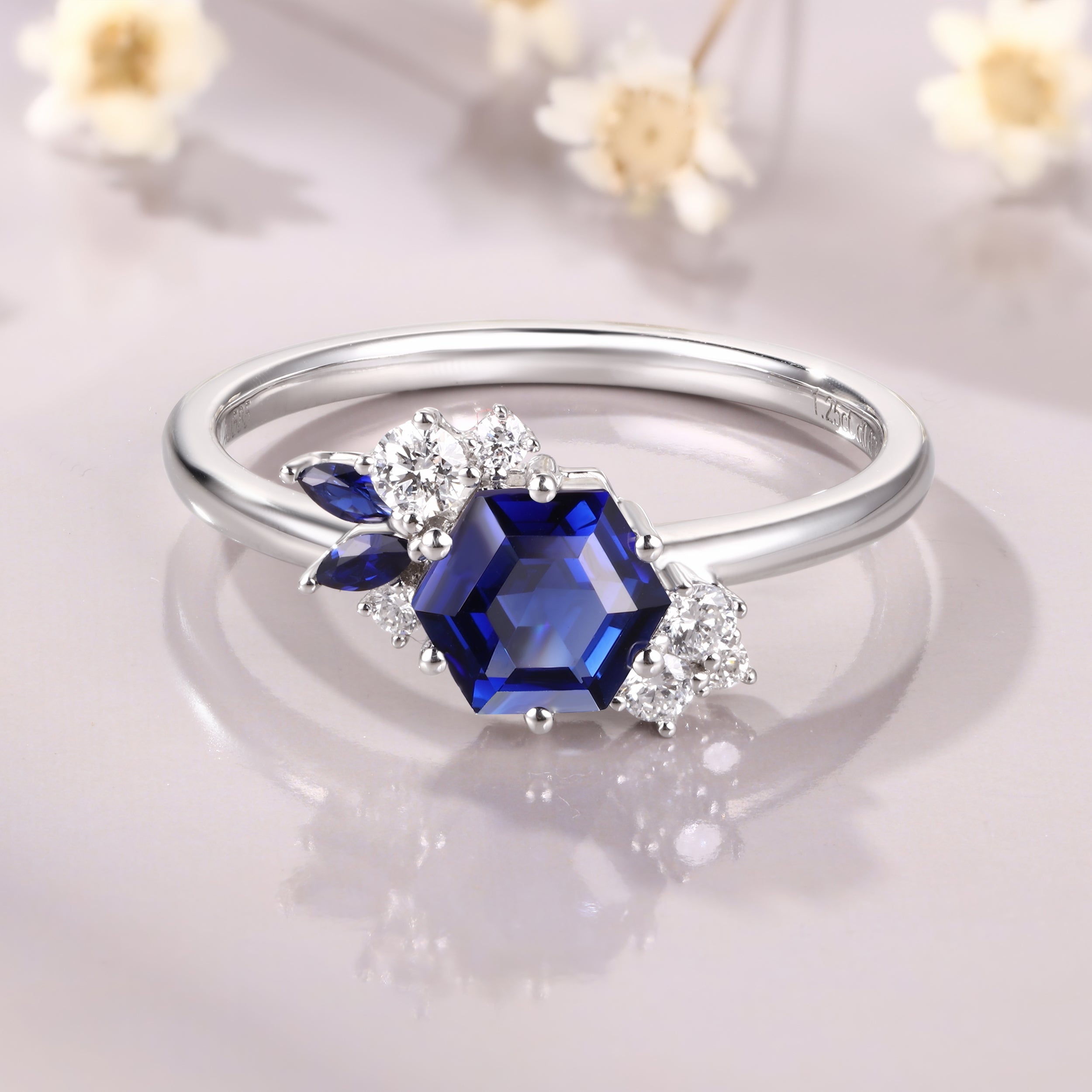 Hexagon Cut Blue Sapphire White Gold Engagement September Birthstone Wedding Ring