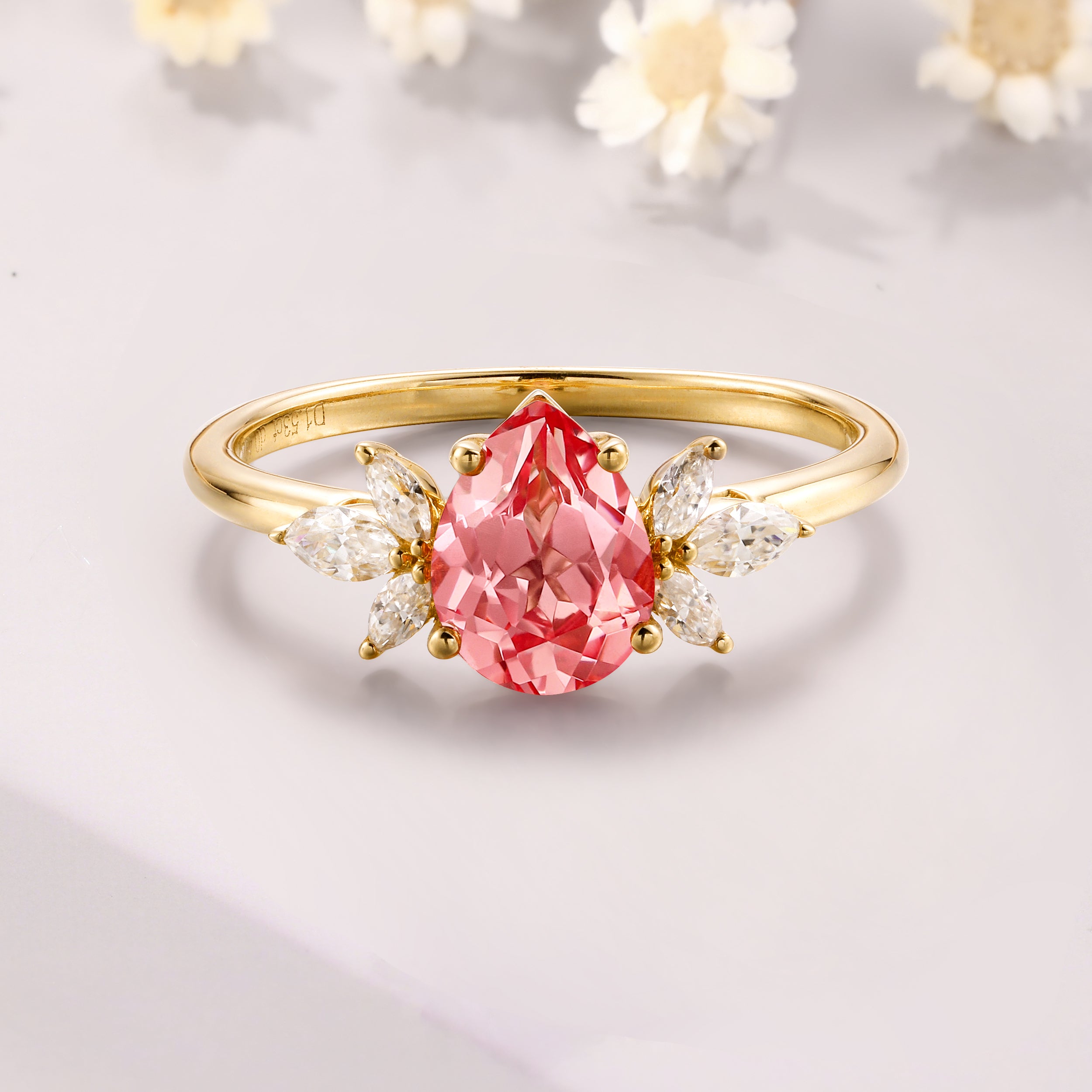 pear shaped Padparadscha sapphire Ring 14K yellow gold moissanite clus