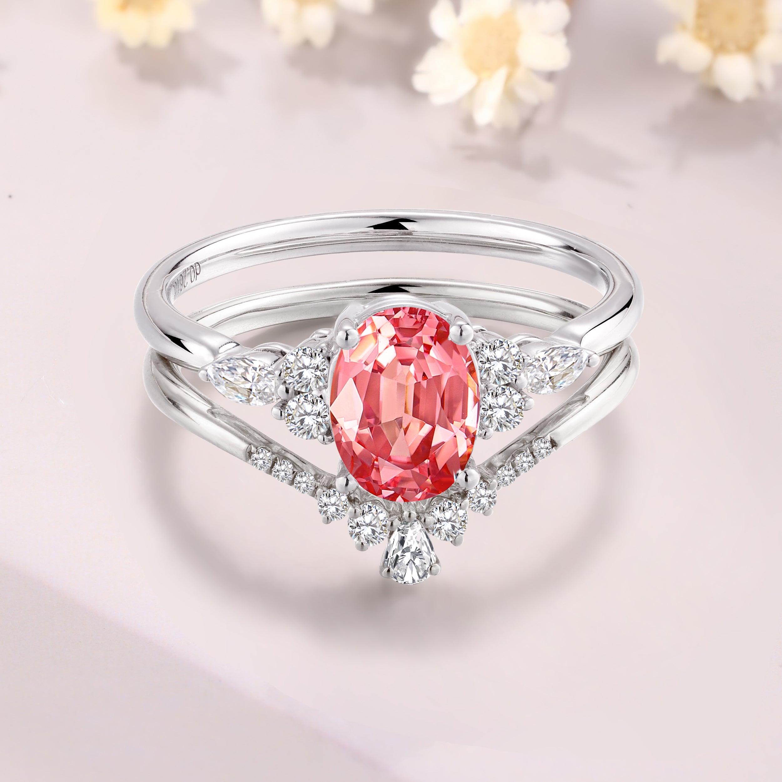 Vintage Oval Cut Padparadscha Wedding Set 14K White Gold Pink Bridal Ring