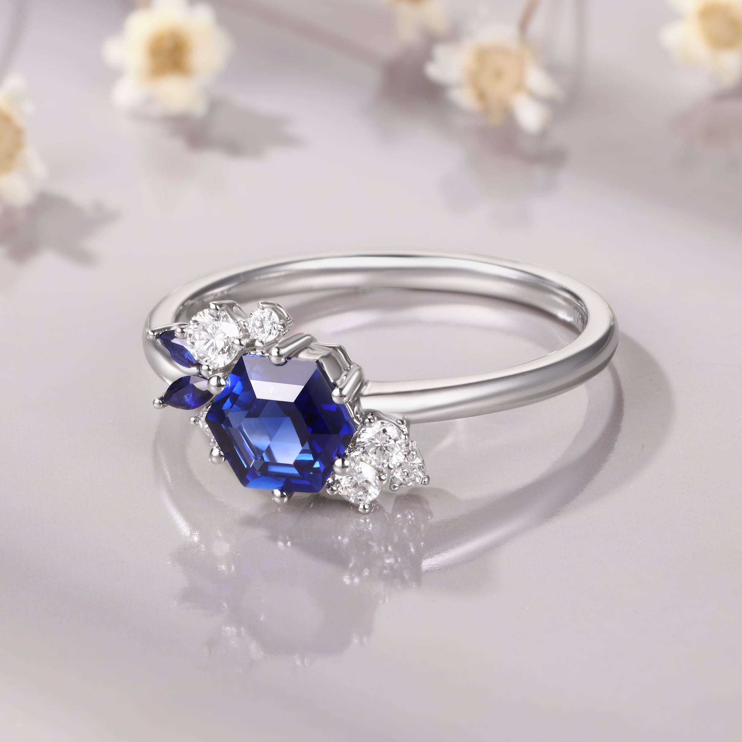 Hexagon Cut Blue Sapphire White Gold Engagement September Birthstone Wedding Ring