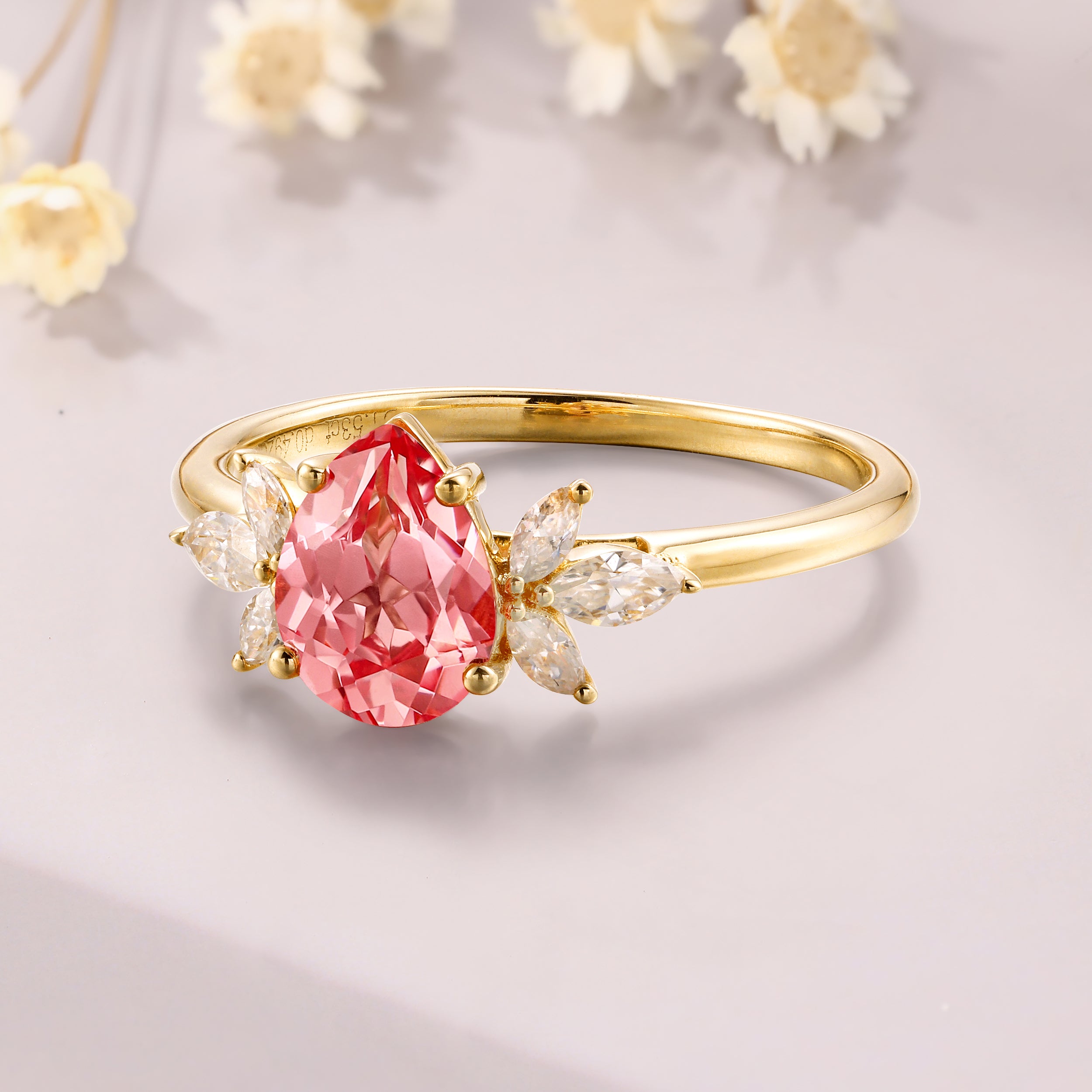 Pear Shaped Padparadscha 14K Yellow Gold Promise Bridal Ring