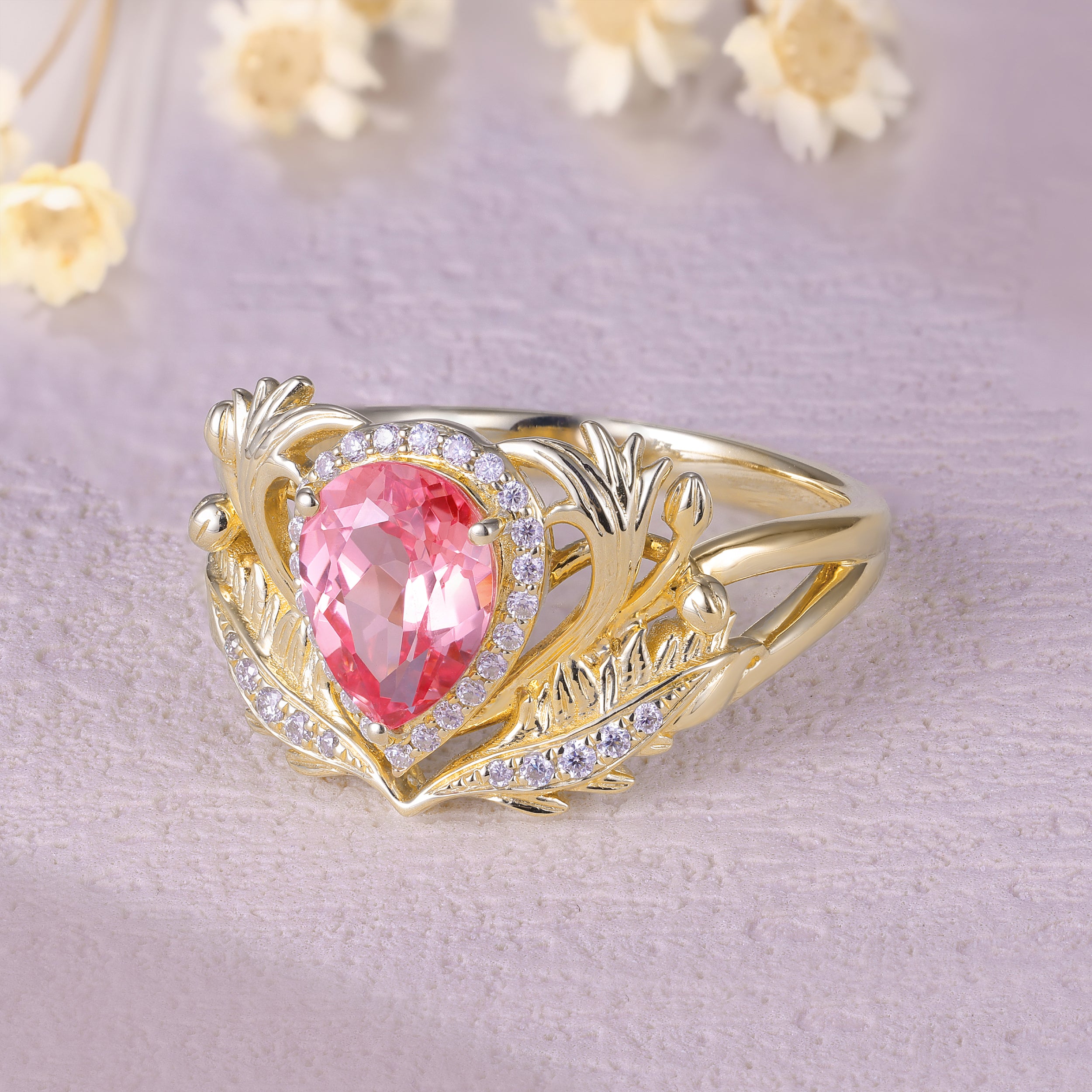 Pear pink sapphire engagement ring, gold nature inspired ring