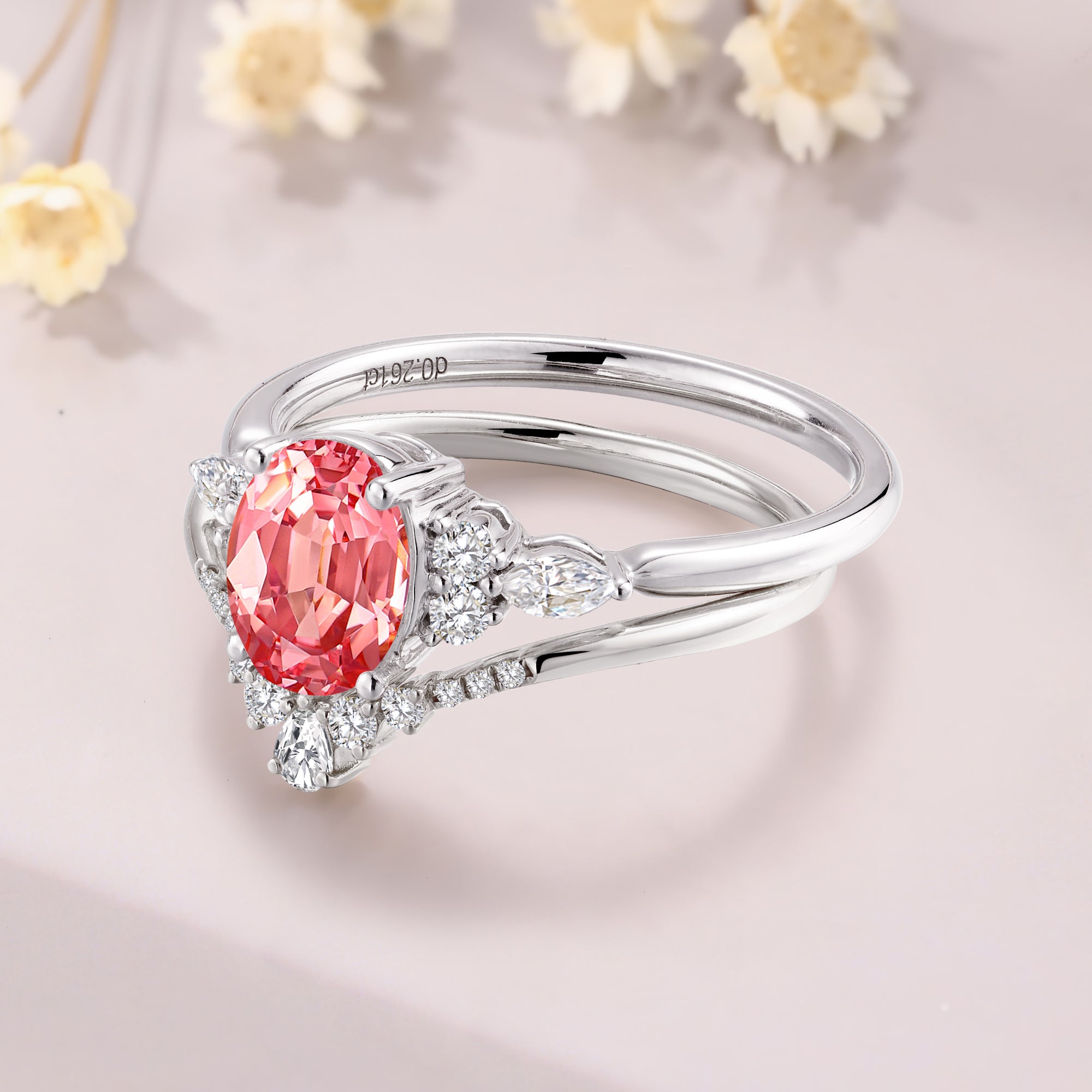 Vintage Oval Cut Padparadscha Wedding Set 14K White Gold Pink Bridal Ring