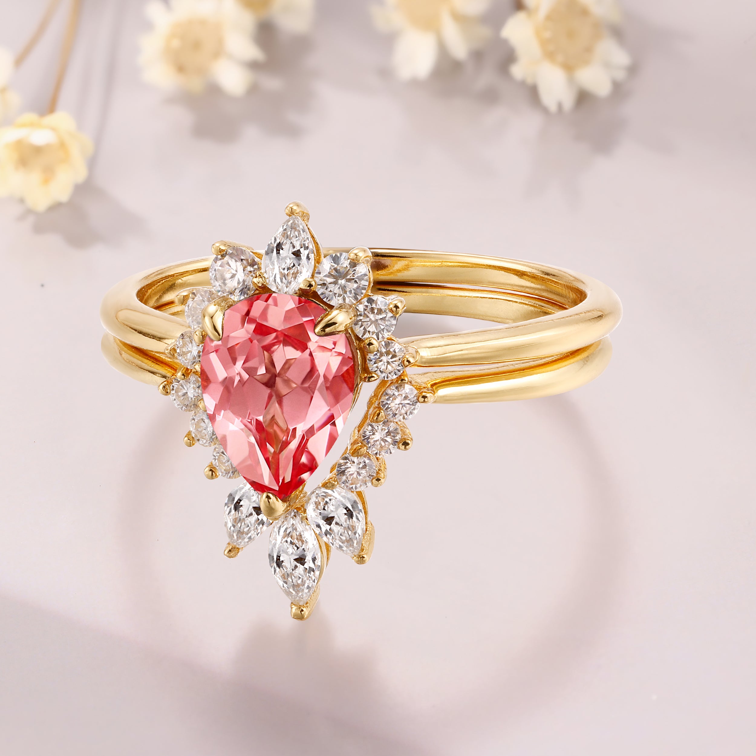 Pear Shaped Padparadscha 14K White Gold Unique Moissanite Bridal Ring