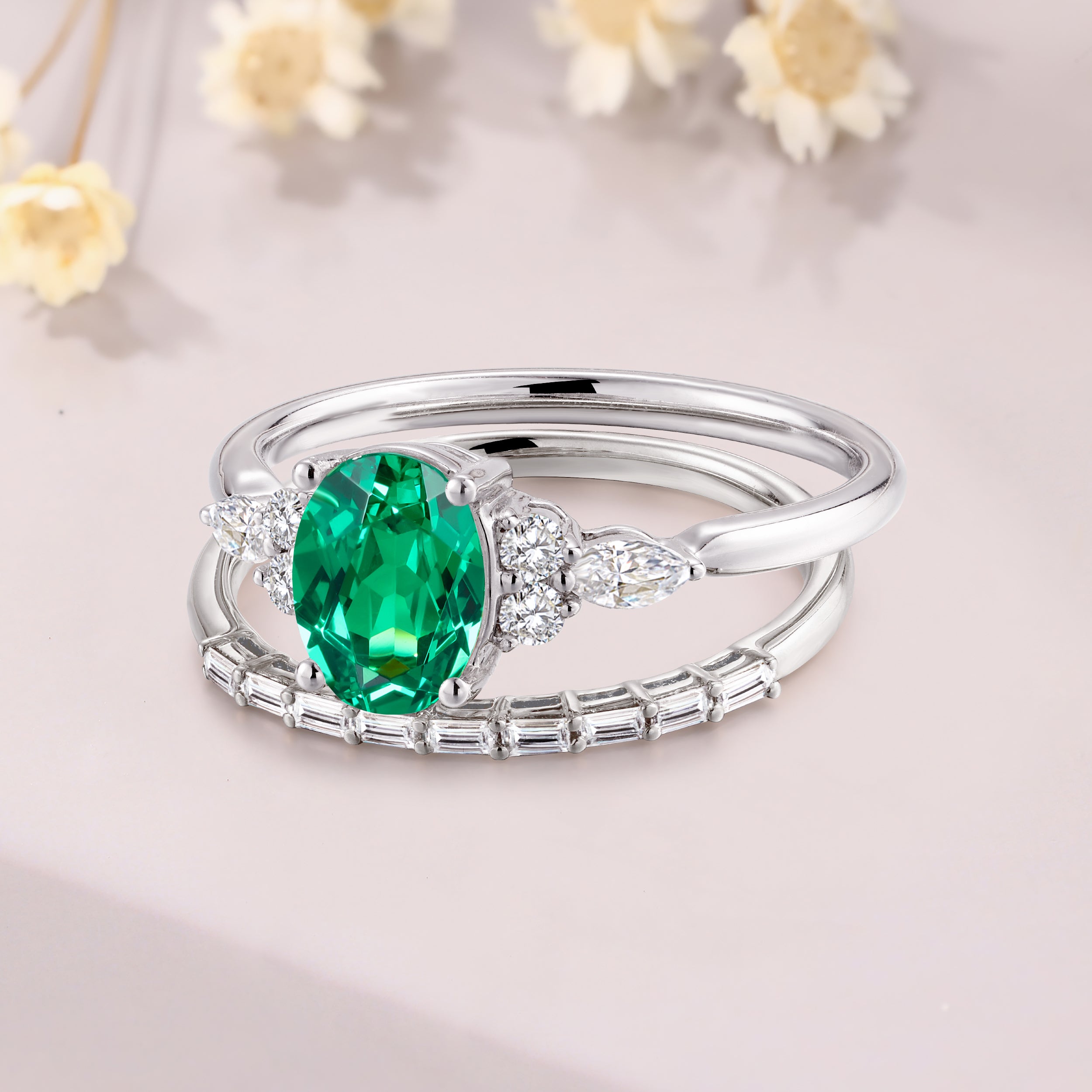 Vintage Oval Cut Tsavorite Mossanite Engagement White Gold Wedding Bridal Ring