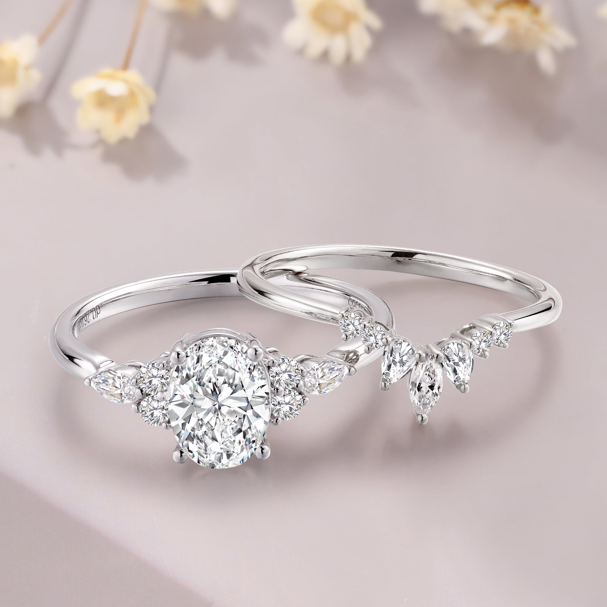 Oval cut Moissanite engagement ring set vintage White gold engagement ring set Bridal Set Unique Oval Engagement Rings For Women