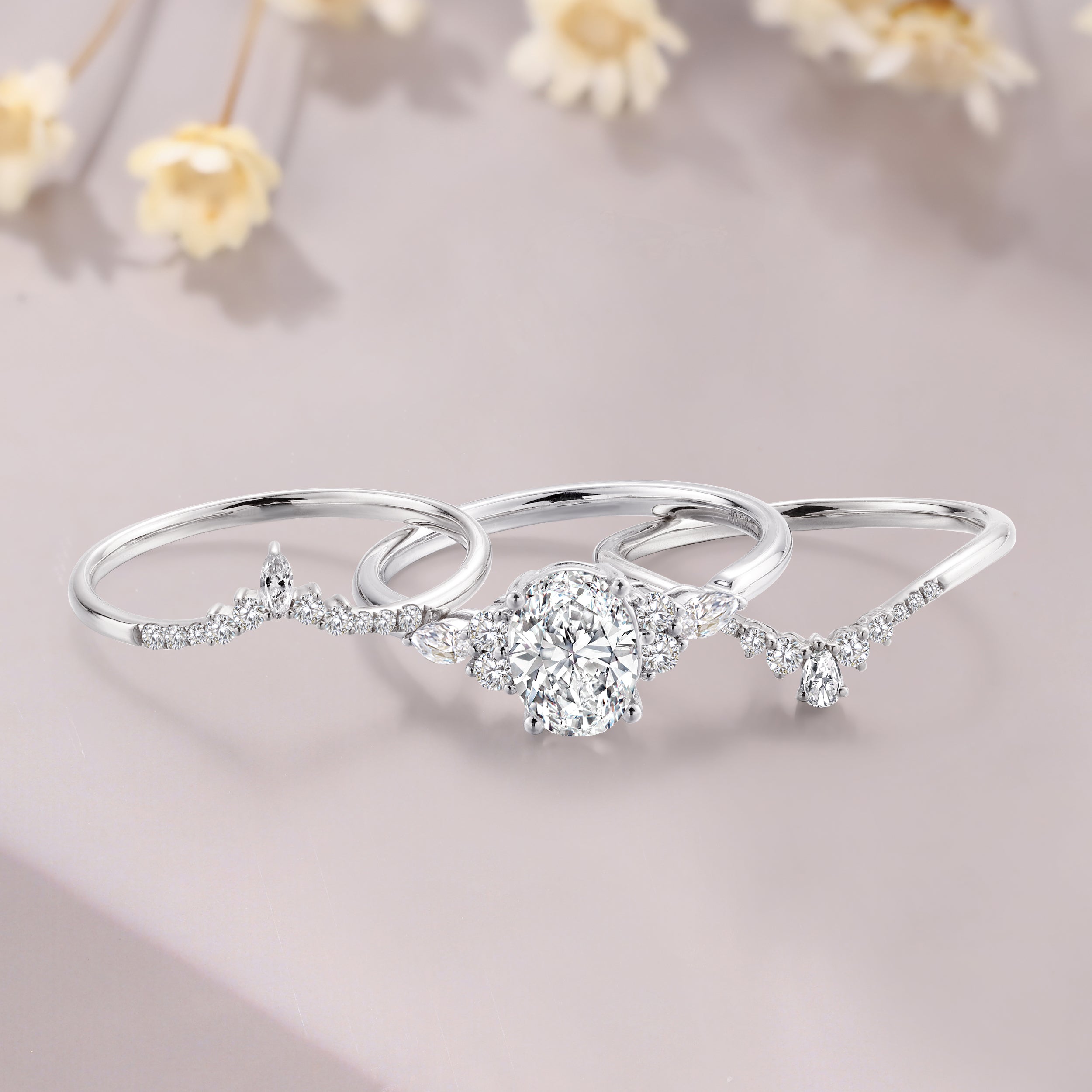 3pcs oval moissanite cluster engagement ring set 14K white gold moissanite bridal set wedding curved Band
