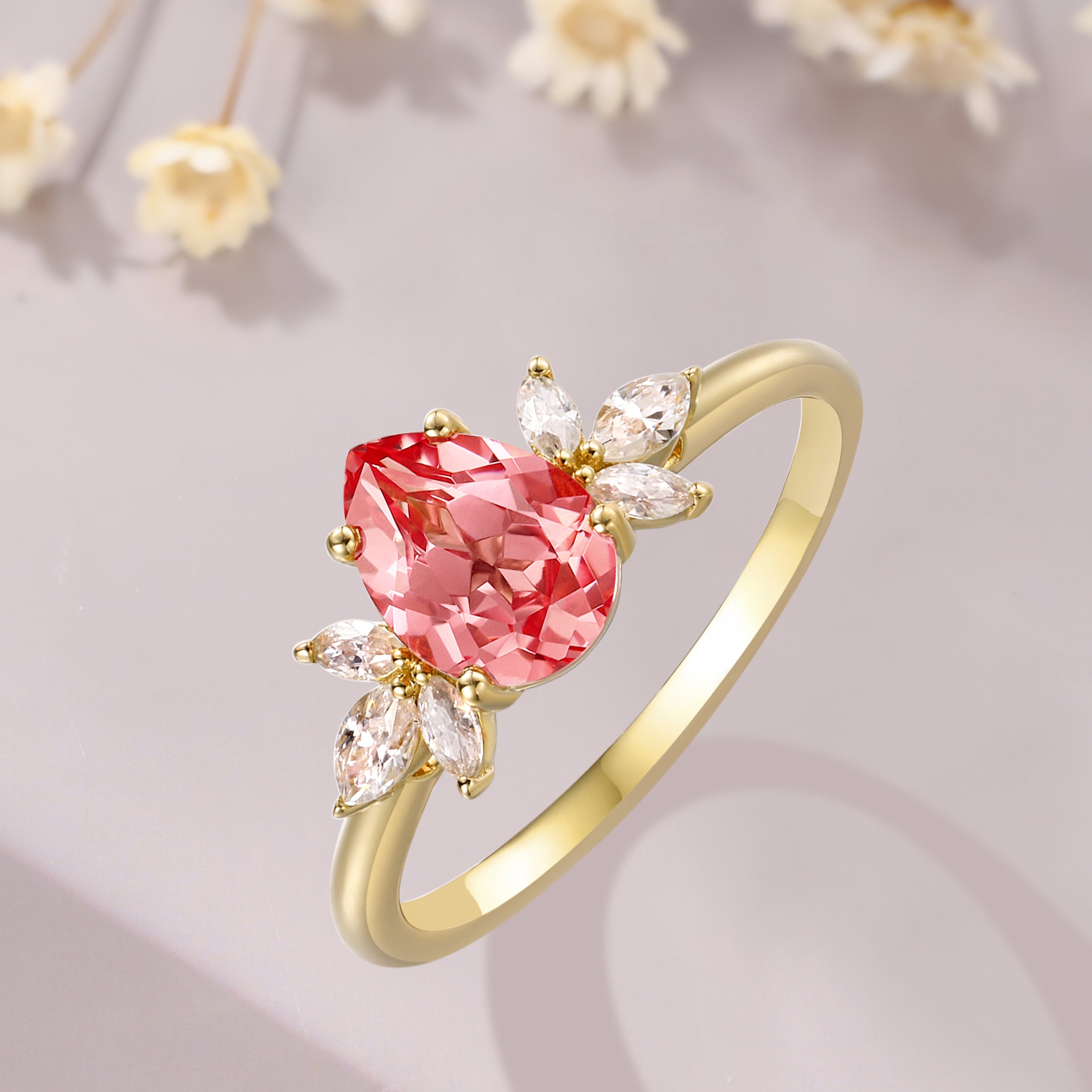 Pear Shaped Padparadscha 14K Yellow Gold Promise Bridal Ring
