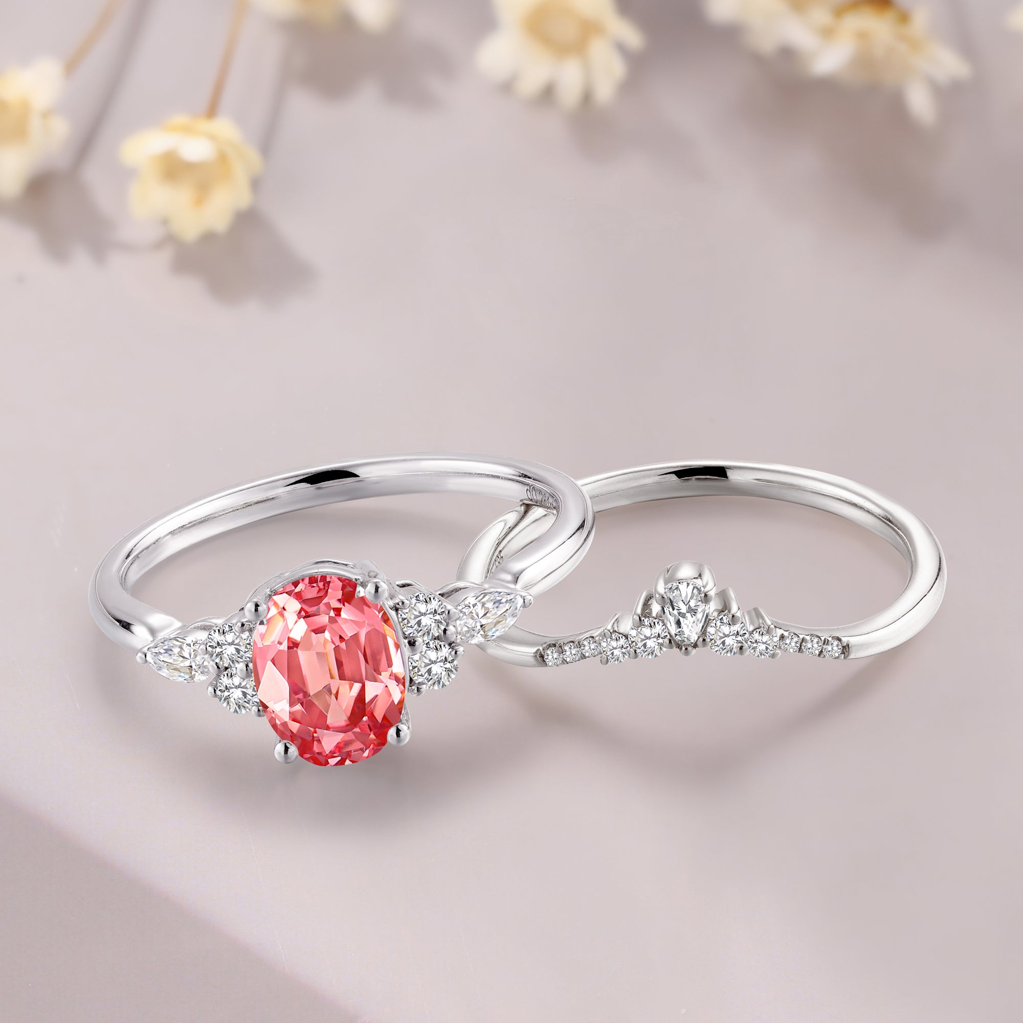 Vintage Oval Cut Padparadscha Wedding Set 14K White Gold Pink Bridal Ring
