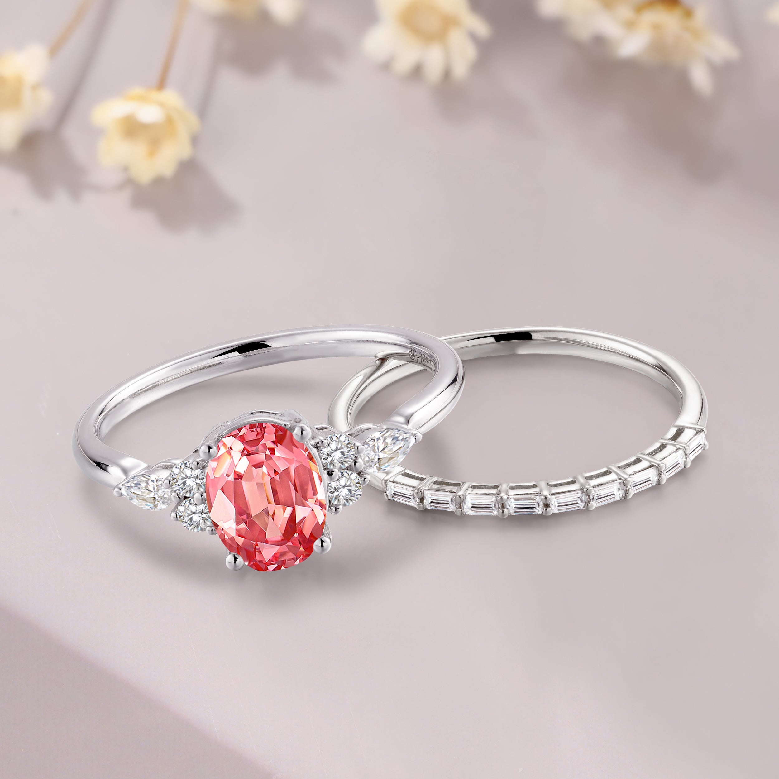 Oval cut Padparadscha sapphire engagement ring set art deco pink sapphire bridal set 14K white gold baguette matching Band