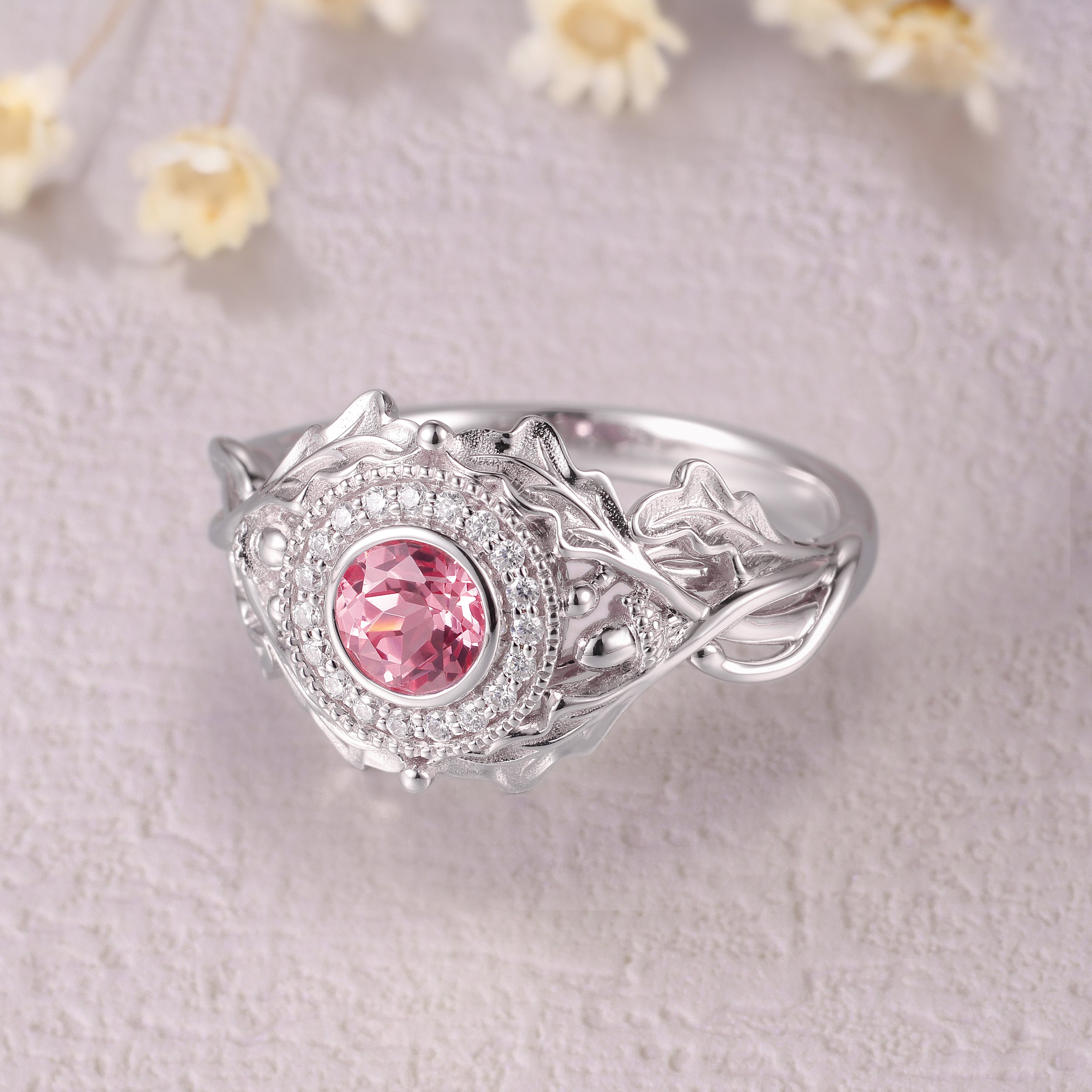 Nature Inspired Round Cut Moissanite Lab Pink Sapphire Engagement Ring