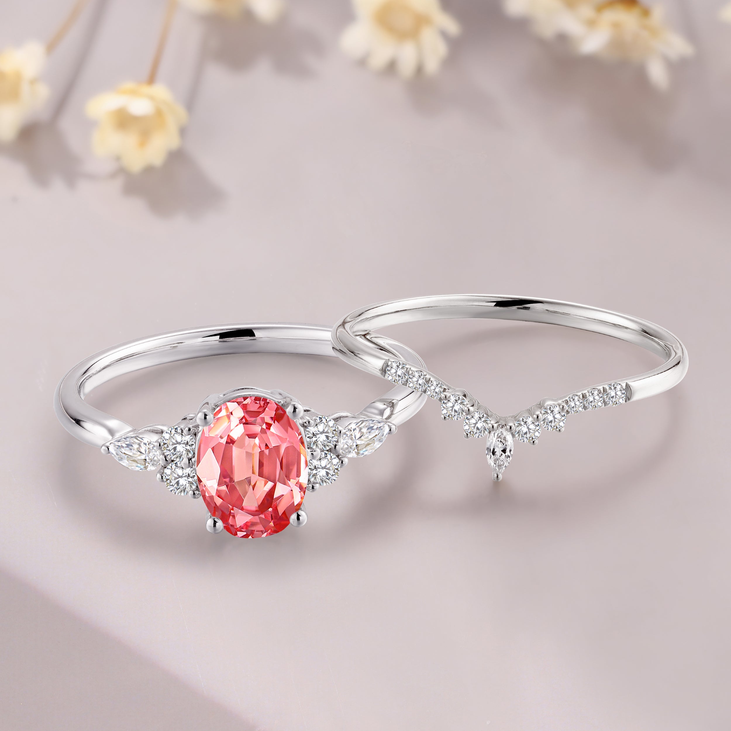 Oval Padparadscha sapphire engagement ring set 14K white gold pink sapphire bridal set pink gemstone ring Birthday Gift