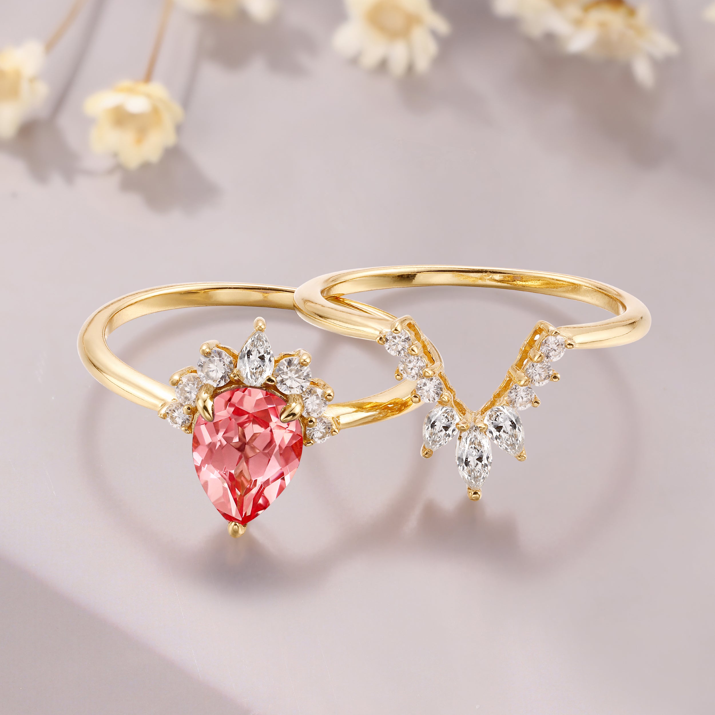 Pear Shaped Padparadscha 14K White Gold Unique Moissanite Bridal Ring